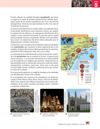 5
Unidad
291
Unidad 5: Espacio, población y ciudad
Cambridge, Inglaterra,
ciudad universitaria.
Ciudad de Las Vegas, EE.UU.
Centro de entretención.
Ciudad de la Meca. Importancia
religiosa islámica.
Existen, además, las ciudades llamadas megalópolis, que tienen
su origen en la unión de grandes aglomeraciones urbanas, gene-
radas a partir de los mismos mecanismos que en el caso del área
metropolitana. Desde una mirada numérica en ella viven más de
10 millones de personas.
El aumento de población en la ciudad conlleva su expansión física,
la que puede manifestarse como expansión vertical, que implica
la construcción de ediﬁcios y la consiguiente densiﬁcación de la
ciudad; o como expansión horizontal, lo que hace que la ciudad
crezca ocupando sus áreas circundantes. Muchas veces esto último
hace crecer a la ciudad más allá de los límites adecuados para el
desplazamiento cotidiano intraurbano.
Un fenómeno muy asociado al de la expansión urbana corresponde
a la conurbación, que constituye la unión espacial de dos o más
ciudades, producto del continuo urbano generado por la expansión,
haciéndose difícil diferenciar entre una y otra ciudad.
La expansión de la ciudad desarrolla un área de transición, conoci-
da como periurbano, que es residual en lo rural –el espacio rural
está en retroceso– y se encuentra deteriorada en lo urbano debido
a la diversidad de usos dispares que presenta: urbanizaciones de
baja densidad, enclaves industriales, hasta áreas verdes de carácter
metropolitano, vertederos, entre otros. Estos usos se dan junto
con actividades rurales residuales, también diversas que resisten
al avance de lo urbano.
En su proceso de expansión, la ciudad de Santiago se ha conurbado
con San Bernardo, Puente Alto y Maipú.
En la actualidad, está en proceso de conurbación con Quilicura,
Lampa, Colina, Batuco, Buin, Paine, Pirque y San José de Maipo.
Todos estos espacios aún reﬂejan características de territorios pe-
riurbanos, en los cuales coexisten actividades rurales, industrias
y conjuntos residenciales.
Megalópolis Boston-Washington EEUU
Fuente: Ciencias sociales,
geografía e historia 2.
Madrid: Anaya, 2002.
Fuente:enhttp://revistaiesmeruelo.ﬁles.
wordpress.com/2010/03/lameca2007.jpg
Consulta27deagostode2012.
Fuente:bancofotográﬁcoshutterstock.
Fuente:bancofotográﬁcoshutterstock.
UNIDAD 5 HISTORIA I_OK.indd 291 07-09-12 11:55
 
