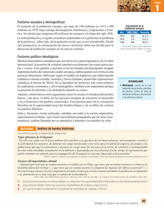 Unidad 1: Balance del mundo moderno
1
Unidad
43
Factores sociales y demográﬁcos
El aumento de la población europea, que pasó de 190 millones en 1815 a 300
millones en 1870, trajo consigo desocupación, hambrunas y migraciones aAmé-
rica. Se calcula que emigraron 40 millones de europeos a lo largo del siglo XIX.
La sobrepoblación y el agobio económico planteaban a los gobiernos el problema
de la pobreza y, sobre todo, de la agitación social, que ya era considerable. Desde
esta perspectiva, la colonización de nuevos territorios abría una brecha para la
ubicación de población europea en las nuevas colonias.
Factores político-ideológicos
Muchos historiadores consideran que este factor tuvo gran importancia. En el orden
internacional, la posesión de colonias constituía un elemento clave para ejercer po-
der y estatus. A los pueblos y naciones ya no les bastaba con desempeñar un papel
importante dentro del sistema de estados europeos; ambicionaban convertirse en una
potencia ultramarina. Había que seguir el modelo de Inglaterra, que había logrado
establecer colonias en India,Australia y Nueva Zelanda y desarrollar exploraciones
cientíﬁcas al interior de África. No se deseaban los territorios solo como reductos
de explotación económica y alivio demográﬁco, también eran importantes porque
su posesión les permitía a las metrópolis mejorar su estatus.
Además, cobran fuerza otros argumentos como la misión civilizadora del hombre
blanco, vale decir, el deber de las naciones europeas de transmitir el desarrollo
y la civilización a los pueblos colonizados. Esta premisa parte de la concepción
ﬁlosóﬁca de la superioridad racial del hombre blanco y de su deber de civilizar
los pueblos bárbaros.
Italia y Alemania, recién uniﬁcadas, entraban con ardor a la carrera imperialista,
especialmente la última, cuyo fuerte nacionalismo propugnaba que las razas arias-
teutónicas, estaban llamadas por su naturaleza a dominar a los pueblos de color.
Análisis de fuentes históricasActividad
Lee ambas fuentes y responde las preguntas:
Viajes africanos de Livingstone
“Escribo este relato con el deseo ardiente de contribuir a la apertura del territorio africano, tan tenazmente cerrado a
la actividad de los europeos, de delimitar un campo tan fecundo y tan vasto para el espíritu de empresa, de ayudar a las
poblaciones que aquí se encuentran a alcanzar su rango entre las naciones de la tierra, de concurrir a la prosperidad
de estas tribus hundidas actualmente en la barbarie y degradadas por la esclavitud. En ﬁn, abrigo la esperanza de que
podrá constituir un estímulo para la propagación del Evangelio en rincones hasta ahora desconocidos.”
Fuente: Livingstone: Relatos de una expedición al Zambeze y sus aﬂuentes, 1865. http://spanishnewtestament.com/heroes/dalivingstone.html
Factores del imperialismo colonial
“¿Dejarán que otros que no seamos nosotros se establezcan en Túnez, que otros que no seamos nosotros se sitúen en la
desembocadura del río Rojo (...) que otros que no seamos nosotros se disputen las regiones del África ecuatorial? (...)
En esta Europa nuestra, en esta competencia de tantos rivales que crecen a nuestro alrededor la política de recogimiento
o de abstención no es otra cosa que el camino de la decadencia.”
Fuente: Jules Ferry. Político francés. Discurso de Jules Ferry, París, 1885. En: Duroselle, J. B. Europa de 1815 hasta nuestros días. Barcelona: Labor, 1981.
1. ¿Dequémaneraambosescritoresreflejansucreenciaenlasuperioridaddelhombreblancoylosafanesexpansionistas?
2. ¿Qué actitud debían tomar las naciones imperialistas de la época según Ferry?
3. ¿En qué principios fundamenta Livingstone la necesidad de ingresar a África?
VOCABULARIO
• Metrópoli: nación de la cual
dependen los territorios coloniales
de ultramar. Centro de toma de
decisiones políticas y económicas,
y de inﬂuencia cultural.
Crecimiento de la
población europea
Aumento
26,2 %
25,6 %
26,0 %
Mill. Hab.
266
310
400
Año
1850
1870
1900
Fuente: M.A. Bueno y otros. Historia del
mundo contemporáneo. Madrid: Ed. Bruño,
2008.
UNIDAD 1 HISTORIA I_OK.indd 43 07-09-12 11:30
 