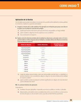 53
Unidad 1: Balance del mundo moderno
CIERRE UNIDAD 1
Aplicación de la técnica
Con el objeto que puedas internalizar e incorporar en tus análisis de la realidad la multicausalidad,
te invitamos a realizar las siguientes actividades:
I. Imagina un hecho de tu vida cotidiana. Por ejemplo una invitación para pasar unos días en
la costa o en el campo en casa de unos amigos.
1. Señala qué factores intervienen para que este hecho sea posible y se haga realidad.
2. ¿Qué sucedería si algunos de estos aspectos no se cumpliera?
3. Saca conclusiones al respecto.
II. Explica cómo los distintos ámbitos de la realidad se relacionan y articulan entre sí. En la si-
guiente tabla se indican algunas de las múltiples y variadas esferas de influencia existentes
entre los diversos aspectos:
1. Luego de realizar esta actividad, ¿crees que sería posible entender bien y a cabalidad, un
proceso histórico si no consideramos alguno o algunos de estos ámbitos de la realidad
en nuestros análisis?
2. ¿Qué sucederá cuando se producen cambios significativos en alguno de estos factores?
¿Cómo afectará a los otros?
III. Un contexto histórico de aplicación
Imperialismo:
1. Establecer factores geográfico- espaciales, económicos, políticos, sociales y culturales.
2. Relacionarlos y articularlos entre sí, estableciendo cómo unos son efecto o consecuencia
de otros, los que a su vez actuarán como causa de acontecimientos posteriores.
Ejempliﬁcación de la
posible inﬂuencia
Ámbito inﬂuenciadoÁmbito de inﬂuencia
Espacial geográfico económico
Espacial geográfico social
Espacial geográfico político
Espacial geográfico cultural
Económico social
Económico político
Económico espacial geográfico
Político económico
Político social
Político cultural
Social político
Cultural político
Cultural social
UNIDAD 1 HISTORIA I_OK.indd 53 07-09-12 11:31
 