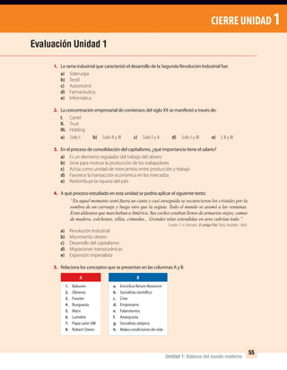 55
Unidad 1: Balance del mundo moderno
CIERRE UNIDAD 1
1. La rama industrial que caracterizó el desarrollo de la Segunda Revolución Industrial fue:
a) Siderurgia
b) Textil
c) Automotriz
d) Farmacéutica
e) Informática
2. La concentración empresarial de comienzos del siglo XX se manifestó a través de:
I. Cartel
II. Trust
III. Holding
a) Solo I b) Solo II y III c) Solo I y II d) Solo I y III e) I, II y III
3. En el proceso de consolidación del capitalismo, ¿qué importancia tiene el salario?
a) Es un elemento regulador del trabajo del obrero
b) Sirve para motivar la producción de los trabajadores
c) Actúa como unidad de intercambio entre producción y trabajo
d) Favorece la transacción económica en los mercados
e) Redistribuye la riqueza del país
4. A qué proceso estudiado en esta unidad se podría aplicar el siguiente texto:
“En aquel momento sonó fuera un canto y casi enseguida se oscurecieron los cristales por la
sombra de un carruaje y luego otro que la seguía. Todo el mundo se asomó a las ventanas.
Eran aldeanos que marchaban aAmérica. Sus coches estaban llenos de armarios viejos, camas
de madera, colchones, sillas, cómodas... Grandes telas extendidas en aros cubrían todo.”
Fuente: C. H. Erkmann. El amigo Fritz. París, Hachette, 1864.
a) Revolución Industrial
b) Movimiento obrero
c) Desarrollo del capitalismo
d) Migraciones transoceánicas
e) Expansión imperialista
5. Relaciona los conceptos que se presentan en las columnas A y B.
A B
1. Bakunin
2. Obreros
3. Fourier
4. Burguesía
5. Marx
6. Lumière
7. Papa León XIII
8. Robert Owen
a. Encíclica Rerum Novarum
b. Socialista científico
c. Cine
d. Empresario
e. Falansterios
f. Anarquista
g. Socialista utópico
h. Malascondicionesdevida
Evaluación Unidad 1
UNIDAD 1 HISTORIA I_OK.indd 55 07-09-12 11:31
 