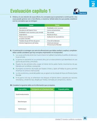 2
Unidad
Unidad 2: Grandes conﬂictos mundiales
83
Evaluación capítulo 1
I. Ordena, en una relación de causa-efecto, los conceptos que se presentan a continuación. Una
causa puede generar uno o más efectos, o viceversa. Señala todos los que puedas establecer
con los conceptos que se entregan:
II. A continuación se entregan una serie de afirmaciones que debes analizar y explicar, completán-
dolas cuando consideres que hay conceptos importantes no incorporados:
1. Las causas profundas de la Gran Guerra fueron la rivalidad imperialista, la política de alianzas y
la paz armada.
2. La guerra se caracterizó en sus primeros años, por un estancamiento que desembocó en una
guerra de posiciones y trincheras.
3. Pasados los dos primeros años, surgen al interior de los países fuertes movimientos de paz,
liderados por socialistas y anarquistas.
4. El progreso económico alcanzado por Estados Unidos y Japón al finalizar la guerra, permitió
dinamizar el comercio internacional.
5. La crisis económica y social del pueblo ruso, se agravó con la entrada de Rusia a la Primera Guerra
Mundial.
6. En la guerra civil rusa, se enfrentaron dos bloques: el Ejército blanco, apoyado por naciones
extranjeras, y el Ejército rojo, dirigido por Trotsky y formado por campesinos y obreros.
III. Completa la siguiente tabla con la información que se requiere.
EfectosCausas
Nacionalismo Rivalidades entre naciones
Decadencia del Imperio Turco Carrera armamentista
Rivalidades entre naciones y paz armada Paz armada
Imperialismo Revolución Rusa
Primera Guerra Mundial Exaltación de nacionalismos
en países vencidos
Tratados de paz de fines de guerra Crisis de los Balcanes
Intentos hegemónicos de Serbia Sistema de alianzas
Primera Guerra Mundial
Propuesta políticaParticipación en la Revolución RusaGrupo político
Social revolucionarios
Mencheviques
Bolcheviques
Hipertexto
UNIDAD 2 HISTORIA I_OK.indd 83 07-09-12 11:40
 