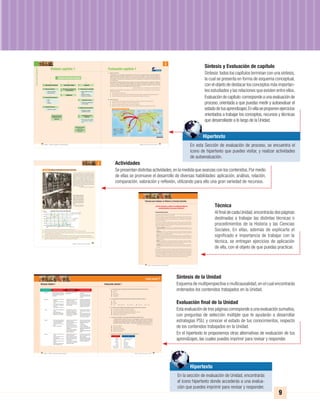 52
I Medio / Historia, Geografía y Ciencias Sociales
Técnicas para trabajar en Historia y Ciencias Sociales
Fundamentación teórica
Los hechos, acontecimientos y procesos históricos son la consecuencia o proyección de
múltiples factores intervinientes en su desarrollo.
Por lo tanto, al realizar un proceso de análisis histórico, es importante centrar la atención sobre
varias causas posibles, para lograr una interpretación total y completa de este. En general, las
causas o antecedentes se encuentran interconectadas entre sí, formando una larga cadena
de relaciones causa-efecto.
Así, a la hora de estudiar un período histórico, una comunidad o una civilización histórica
e, incluso, un acontecimiento actual, debes considerar el comportamiento de los distintos
ámbitos de la realidad social y sus relaciones, en el desarrollo de dicho acontecimiento. Los
ámbitos de la realidad a considerar son:
•	 Espacial, geográfico. Todo sucede en un espacio geográfico determinado, con unas
características propias, las cuales condicionan las formas de vida de las personas que las
habitan.
•	 Económico.Losrecursos,lasactividadeseconómicas,lossistemasdetrabajo,latecnología,
y otros procesos más complejos, según sea el tiempo estudiado, son factores centrales a
entender en el estudio de las sociedades.
•	 Social. El orden social establecido, según estamentos, clases u otros ordenamientos, las
formas de segregación y discriminación, las formas de movilidad social, las relaciones de
poder entre las clases, entre otros son factores importantes a considerar al estudiar los
distintos procesos.
•	 Político. El orden político, los sistemas de gobierno, los grupos de poder, los niveles y
formas de participación, revoluciones políticas, prácticas ciudadanas, entre otros factores,
son de gran relevancia para establecer causas de procesos históricos.
•	 Culturales. Ámbito que abarca las formas de pensamiento, las religiones, las tradiciones,
y las manifestaciones artísticas de distinto orden: música, pintura, escultura, arquitectura,
literatura.
Es importante destacar que, aún desde una óptica de multicausalidad, siempre hay causas
más relevantes o más directas que otras en el desarrollo de los procesos y acontecimientos
históricos.Así,esimportantequedestaqueselámbitooelementopredominantedeunproceso
o acontecimiento. Ejemplo, la Revolución Francesa, en la cual destacan los acontecimientos
y eventos de tipo político, con su consecuente cadena de reacciones, pero no obstante, al
profundizar en su desarrollo se manifiestan otros ámbitos, los cuales inciden en lo político o
se manifiestan directamente como respuesta al desarrollo de los acontecimientos.
¿Cómo reconocer y aplicar la multicausalidad en
acontecimientos y procesos históricos?
1
Unidad
Unidad 1: Balance del mundo moderno
23
Análisis e interpretación de recursos informativosActividad
“Yo soy el último de cinco hermanos. Si mi
padre divide su granja entre nosotros, ninguno
tendrá suficiente tierra para alimentar nuestras
familias. Si la entrega entera a mi hermano
mayor, yo no alcanzaré nada. Si ingreso a la
armada del principado, podría no estar vivo
para lamentarme sobre la pérdida de la granja.
No hay nada para mí aquí. Necesito salir de este
ambiente y encontrar un lugar pacífico donde
tener mi propia granja”.
Fuente: Karl, Prussia, 1840. www.monografias.com
1. ¿A qué tema de estudio se aplica cada una de las fuentes? ¿Por qué?
2. Señala a qué tipo de fuente corresponde cada una y el contexto histórico en que se insertan.
3. Analiza el gráfico de la inmigración a Estados Unidos, destacando sus momentos de auge y de declive. Entrega
una explicación acerca de tal situación.
4. Describe la fotografía de Stieglitz, sobre los inmigrantes a Estados Unidos; caracteriza las personas que aparecen.
5. ¿Qué futuro habría tenido Karl, el autor del documento, si no hubiera emigrado? ¿Por qué las tierras familiares no
permitían la sobrevivencia de toda la familia? Levanta hipótesis al respecto.
E.Atget Stiegglitz.Inmigrantes
rumbo a Estados Unidos en
Ellis Island, isla vecina a Man-
hattan, donde eran aseados y
revisados por médicos, hasta
que se les entregaban sus
salvoconductos para ingresar
al país.
Fuente: Camerawork, Alfred Stieglitz.
Colonia, EditorialTaschen, 2003.
Inmigración a EE.UU. entre los años 1900 y 1930
100.000
1900 1915 1930
300.000
500.000
700.000
900.000
1.100.000
1.300.000
Norteamérica
Europa
Asia
Nº Personas
Años
Fuente: UnitedStatesHistory. Holt,
NewYork Rinehart andWinston,
1988.
CierredelCapítulo1
26
I Medio / Historia, Geografía y Ciencias Sociales
Síntesis capítulo 1
Sistemas laborales de
producción en masa
Taylorismo
Crecimiento urbano
Desarrollo de
actividades culturales y
deportivas
Liberalismo Económico Liberalismo Político
Repúblicas
Población
Concentración empresarial
•	Cartel
•	Trust
•	Holdings
Migraciones urbanas
•	Cambios en la organización
de las ciudades
Capitalismo financiero
•	Créditos de consumo
Migraciones transoceánicas
•	Búsqueda de mejores
expectativas de vida
Producción industrial
•	Industria automotriz
•	Industria eléctrica
Monarquías constitucionales
o parlamentarias
Fortalecimiento de las
burguesías
•	Grupo social que impone
sus intereses y tenden-
cias
Disminución de la mortalidad
•	Mejor calidad de la alimen-
tación
•	Medidas de higiene
•	Avances en la medicina
Balance del mundo moderno
Unidad 1: Balance del mundo moderno
1
Unidad
27
Canadá
Estados Unidos
Brasil
Argentina
África del Sur
Nueva Zelanda
China
Australia
Siberia
Evaluación capítulo 1
I. Análisis de fuentes.
“Su formación y su capacidad personal permitieron a Taylor pasar enseguida a dirigir un taller de maquinaria,
donde observó minuciosamente el trabajo de los obreros que se encargaban de cortar los metales. Y fue de esa
observación práctica de donde Frederick Taylor extrajo la idea de analizar el trabajo, descomponiéndolo en
tareas simples, cronometrarlas estrictamente y exigir a los trabajadores la realización de las tareas necesarias
en el tiempo justo.
Este análisis del trabajo permitía, además, organizar las tareas de tal manera que se redujeran al mínimo los
tiempos muertos por desplazamientos del trabajador o por cambios de actividad o de herramientas; y establecer
un salario a destajo (por pieza producida) en función del tiempo de producción estimado, salario que debía
actuar como incentivo para la intensificación del ritmo de trabajo.”
Fuente: Biografía de FrederickTaylor. En www.biografiasyvidas.com/biografia/taylorfrederick.htm
Basándote en lo aprendido en este capítulo y considerando la información entregada por el texto, responde las
siguientes preguntas:
1. ¿En qué consiste el taylorismo?
2. ¿Porquérazónsecreóestenuevosistemadetrabajo?¿Quéinfluenciastrajoconsigoenlosnivelesdeproducción?
3. ¿En qué medida permite optimizar y sacar más provecho del trabajo de los obreros?
II. Análisis de mapa
1. ¿Cuál es el lugar de procedencia de las migraciones y cuáles las regiones de destino de ellas?
2. Señala tres causas que expliquen estos procesos migratorios.
3. ¿Cuál fue la región que recibió mayor número de inmigrantes?
4. Explica: ¿por qué en América Latina solo se menciona Brasil y Argentina? ¿Qué pasaría con Chile?
Emigración europea en el siglo XIX
Hipertexto
El	grosor	de	la	línea	da	cuen-
ta	del	flujo	de	población	
emigrante	a	los	diferentes	
destinos.
Simbología
54
I Medio / Historia, Geografía y Ciencias Sociales
Síntesis Unidad 1
La expansión imperialista
•	 Europa,	África,	Asia,	Australia	
y	Oceanía	
•	 El	Imperialismo	abarca	casi	
todo	el	espacio	geográfico	
mundial
•	 Desarrollo	de	la	Revolución	
Industrial:	necesidad	de	ma-
terias	primas	y	abrir	mercado	
para	los	productos	manufac-
turados	que	se	producían	en	
los	países	industrializados
•	 Ampliación	del	comercio
•	 Dominación	de	pueblos	y	
comunidades	en	África	y	
Asia
•	 Desestructuración	de	sus	
formas	tradicionales	de	vida	y	
las	relaciones	humanas	exis-
tentes	entre	los	pueblos
•	 Dominios	de	países	imperia-
listas	en	sus	territorios	coloni-
zados,	bajo	la	forma	de:
•	Colonias
•	Protectorados
•	Zonas	de	influencia
•	 En	países	independientes,	
desarrollo	de	políticas	neoco-
lonialistas
•	 Misión	civilizadora	del	hombre	
blanco
•	 Creencia	en	la	superioridad	
racial	de	los	blancos	y	su	
deber	civilizador
•	 Quiebre	de	las	pautas	cultu-
rales	y	valores	de	los	pueblos	
dominados:	relaciones	socia-
les,	idioma,	religión,	etc.
Movimiento obrero
Europa,	EE.UU.,	América	Latina,	
Australia,	India
•	 Desarrollo	en	el	contexto	de	la	
Revolución	Industrial	
•	 Burguesía	 propietaria	 de	
medios	 de	 producción	 y	
capitales;	obreros	mano	de	
obra	asalariada
•	 Surgimiento	clases	sociales
•	 Rivalidades	sociales	entre	
burguesía	y	proletariado
•	 Organización	de	trabajado-
res	industriales	en	la	defensa	
de	sus	derechos
•	 Surgimiento	de	movimientos	
socialistas	utópicos
•	 Impacto	del	socialismo	cien-
tífico	o	marxismo
•	 Desarrollo	del	anarquismo
•	 Creación	 de	 la	 Primera	 y	
Segunda	Internacional	de	
trabajadores
•	 Doctrina	Social	de	la	Iglesia	
frente	al	problema	obrero
•	 Legislación	laboral
•	 Surgimiento	de	valores	pro-
pios	de	la	clase	obrera
•	 Mística	revolucionaria,	refle-
jada	en	afiches	y	caricaturas
•	 Periódicos	ligados	al	movi-
miento	obrero
•	 Sensibilización	de	artistas	
visuales	y	literarios	respecto	
del	problema	obrero
Madurez del capitalismo
Europa	Occidental	y	Estados	
Unidos	como	potencias	activas	
en	el	desarrollo	y	madurez	del	
capitalismo
•	 Desarrollo	del	capitalismo	
industrial
•	 Producción	en	masa	(taylo-
rismo)
•	 Concentración	empresarial.
•	 Desarrollo	del	capitalismo	
financiero
•	 Gran	expansión	comercial.
•	 Crecimiento	demográfico	en	
Europa
•	 Crecimiento	urbano
•	 Migraciones	campo-ciudad
•	 Migraciones	transoceánicas
•	 Existencia	de	sistemas	libera-
les	constitucionales.	División	
de	poderes	del	Estado	
•	 Constitución	como	ley	su-
prema
•	 Derechos	individuales
•	 Triunfo	valores	de	la	bur-
guesía
•	 Aprovechamiento	 de	 los	
tiempos	de	ocio
•	 Consolidación	de	la	familia	
nuclear
•	 Desarrollo	del	confort	y	la	
estética
•	 Desarrollo	tecnológico	apli-
cado	a	fotografía	y	cine
Ámbito influenciador
Espacial
Económico
Social
Político
Cultural
CIERRE UNIDAD 1
55
Unidad 1: Balance del mundo moderno
1. La	rama	industrial	que	caracterizó	el	desarrollo	de	la	Segunda	Revolución	Industrial	fue:	
a) Siderurgia
b) Textil
c) Automotriz
d) Farmacéutica
e) Informática
2. La	concentración	empresarial	de	comienzos	del	siglo	XX	se	manifestó	a	través	de:
I. Cartel
II. Trust
III. Holding
a) Solo I b) Solo II y III c) Solo I y II d) Solo I y III e) I, II y III
3. En	el	proceso	de	consolidación	del	capitalismo,	¿qué	importancia	tiene	el	salario?
a) Es un elemento regulador del trabajo del obrero
b) Sirve para motivar la producción de los trabajadores
c) Actúa como unidad de intercambio entre producción y trabajo
d) Favorece la transacción económica en los mercados
e) Redistribuye la riqueza del país
4. A	qué	proceso	estudiado	en	esta	unidad	se	podría	aplicar	el	siguiente	texto:
“En aquel momento sonó fuera un canto, y casi enseguida se oscurecieron los cristales por
la sombra de un carruaje y luego otro que la seguía. Todo el mundo se asomó a las ventanas.
Eran aldeanos que marchaban aAmérica. Sus coches estaban llenos de armarios viejos, camas
de madera, colchones, sillas, cómodas... Grandes telas extendidas en aros cubrían todo.”
Fuente: C. H. Erkmann. ElamigoFritz. París, Hachette, 1864.
a) Revolución Industrial
b) Movimiento obrero
c) Desarrollo del capitalismo
d) Migraciones transoceánicas
e) Expansión imperialista
5. Relaciona	los	conceptos	que	se	presentan	en	las	columnas	A	y	B.
A B
Bakunin			•
Obreros			•
Fourier			•
Burguesía			•
Marx			•
Lumière			•
Papa	León	XVIII			•
Robert	Owen			•
•	 Encíclica	Rerum Novarum
•	 Socialista	científico
•	 Cine
•	 Empresario
•	 Falansterios
•	 Anarquista
•	 Socialista	utópico
•	 Malas	condiciones	de	vida
Evaluación Unidad 1
2
Técnica
Al ﬁnal de cada Unidad,encontrarás dos páginas
destinadas a trabajar las distintas técnicas o
procedimientos de la Historia y las Ciencias
Sociales. En ellas, además de explicarte el
signiﬁcado e importancia de trabajar con la
técnica, se entregan ejercicios de aplicación
de ella, con el objeto de que puedas practicar.
Actividades
Se presentan distintas actividades,en la medida que avanzas con los contenidos.Por medio
de ellas se promueve el desarrollo de diversas habilidades: aplicación, análisis, relación,
comparación, valoración y reﬂexión, utilizando para ello una gran variedad de recursos.
Síntesis de la Unidad
Esquema de multiperspectiva o multicausalidad,en el cual encontrarás
ordenados los contenidos trabajados en la Unidad.
Evaluación ﬁnal de la Unidad
Esta evaluación de tres páginas corresponde a una evaluación sumativa,
con preguntas de selección múltiple que te ayudarán a desarrollar
estrategias PSU, y conocer el estado de tus conocimientos, respecto
de los contenidos trabajados en la Unidad.
En el hipertexto te proponemos otras alternativas de evaluación de tus
aprendizajes, las cuales puedes imprimir para revisar y responder.
Síntesis y Evaluación de capítulo
Síntesis:todos los capítulos terminan con una síntesis,
la cual se presenta en forma de esquema conceptual,
con el objeto de destacar los conceptos más importan-
tes estudiados y las relaciones que existen entre ellos.
Evaluación de capítulo:corresponde a una evaluación de
proceso, orientada a que puedas medir y autoevaluar el
estadodetusaprendizajes.Enellaseproponenejercicios
orientados a trabajar los conceptos, recursos y técnicas
que desarrollaste a lo largo de la Unidad.
Hipertexto
En esta Sección de evaluación de proceso, se encuentra el
icono de hipertexto que puedes visitar, y realizar actividades
de autoevaluación.
Hipertexto
En la sección de evaluación de Unidad, encontrarás
el icono hipertexto donde accederás a una evalua-
ción que puedes imprimir para revisar y responder.
9
UNIDAD 1 HISTORIA I_OK.indd 9 07-09-12 11:29
 