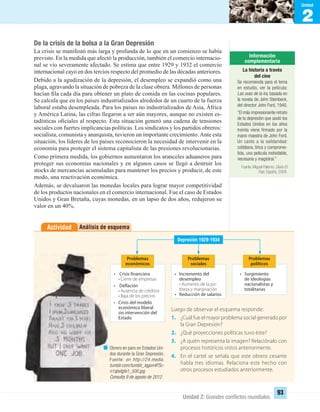2
Unidad
Unidad 2: Grandes conﬂictos mundiales
93
Análisis de esquemaActividad
Luego de observar el esquema responde:
1. ¿Cuál fue el mayor problema social generado por
la Gran Depresión?
2. ¿Qué proyecciones políticas tuvo éste?
3. ¿A quién representa la imagen? Relaciónalo con
procesos históricos vistos anteriormente.
4. En el cartel se señala que este obrero cesante
habla tres idiomas. Relaciona este hecho con
otros procesos estudiados anteriormente.
De la crisis de la bolsa a la Gran Depresión
La crisis se manifestó más larga y profunda de lo que en un comienzo se había
previsto. En la medida que afectó la producción, también el comercio internacio-
nal se vio severamente afectado. Se estima que entre 1929 y 1932 el comercio
internacional cayó en dos tercios respecto del promedio de las décadas anteriores.
Debido a la agudización de la depresión, el desempleo se expandió como una
plaga, agravando la situación de pobreza de la clase obrera. Millones de personas
hacían ﬁla cada día para obtener un plato de comida en las cocinas populares.
Se calcula que en los países industrializados alrededor de un cuarto de la fuerza
laboral estaba desempleada. Para los países no industrializados de Asia, África
y América Latina, las cifras llegaron a ser aún mayores, aunque no existen es-
tadísticas oﬁciales al respecto. Esta situación generó una cadena de tensiones
sociales con fuertes implicancias políticas. Los sindicatos y los partidos obreros:
socialista, comunista y anarquista, tuvieron un importante crecimiento.Ante esta
situación, los líderes de los países reconocieron la necesidad de intervenir en la
economía para proteger el sistema capitalista de las presiones revolucionarias.
Como primera medida, los gobiernos aumentaron los aranceles aduaneros para
proteger sus economías nacionales y en algunos casos se llegó a destruir los
stocks de mercancías acumuladas para mantener los precios y producir, de este
modo, una reactivación económica.
Además, se devaluaron las monedas locales para lograr mayor competitividad
de los productos nacionales en el comercio internacional. Fue el caso de Estados
Unidos y Gran Bretaña, cuyas monedas, en un lapso de dos años, redujeron su
valor en un 40%.
Obrero en paro en Estados Uni-
dos durante la Gran Depresión.
Fuente: en http://24.media.
tumblr.com/tumblr_lqgon4FSc-
n1qbsfgfo1_500.jpg
Consulta 9 de agosto de 2012.
• Crisis financiera
• Cierre de empresas
• Deflación
• Ausencia de créditos
• Baja de los precios
• Crisis del modelo
económico liberal
sin intervención del
Estado
Problemas
económicos
• Incremento del
desempleo
• Aumento de la po-
breza y marginación
• Reducción de salarios
Problemas
sociales
• Surgimiento
de ideologías
nacionalistas y
totalitarias
Problemas
políticos
Depresión 1929-1934
La historia a través
del cine
Se recomienda para el tema
en estudio, ver la película:
Las uvas de la ira, basada en
la novela de John Steinbeck,
del director John Ford, 1940.
“El más impresionante retrato
de la depresión que asoló los
Estados Unidos en los años
treinta viene ﬁrmado por la
mano maestra de John Ford.
Un canto a la solidaridad:
cotidiana, lírica y comprome-
tida, una película inolvidable,
necesaria y magistral.”
Fuente. Miguel Palomo: Diario El
País, España, 2008.
UNIDAD 2 HISTORIA I_OK.indd 93 07-09-12 11:41
 