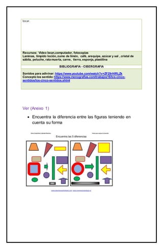 tocar.
Recursos: Video bean,computador, fotocopias
Laminas, límpido loción, zumo de limón, café, arequipe, azúcar y sal , cristal de
sábila, peluche, rata muerta, carne, tierra, esponja, plastilina
BIBLIOGRAFÍA - CIBERGRAFIA
Sonidos para adivinar: https://www.youtube.com/watch?v=ZF29rHlRLZk
Concepto los sentido: https://www.monografias.com/trabajos16/los-cinco-
sentidos/los-cinco-sentidos.shtml
Ver (Anexo 1)
 Encuentra la diferencia entre las figuras teniendo en
cuenta su forma
 