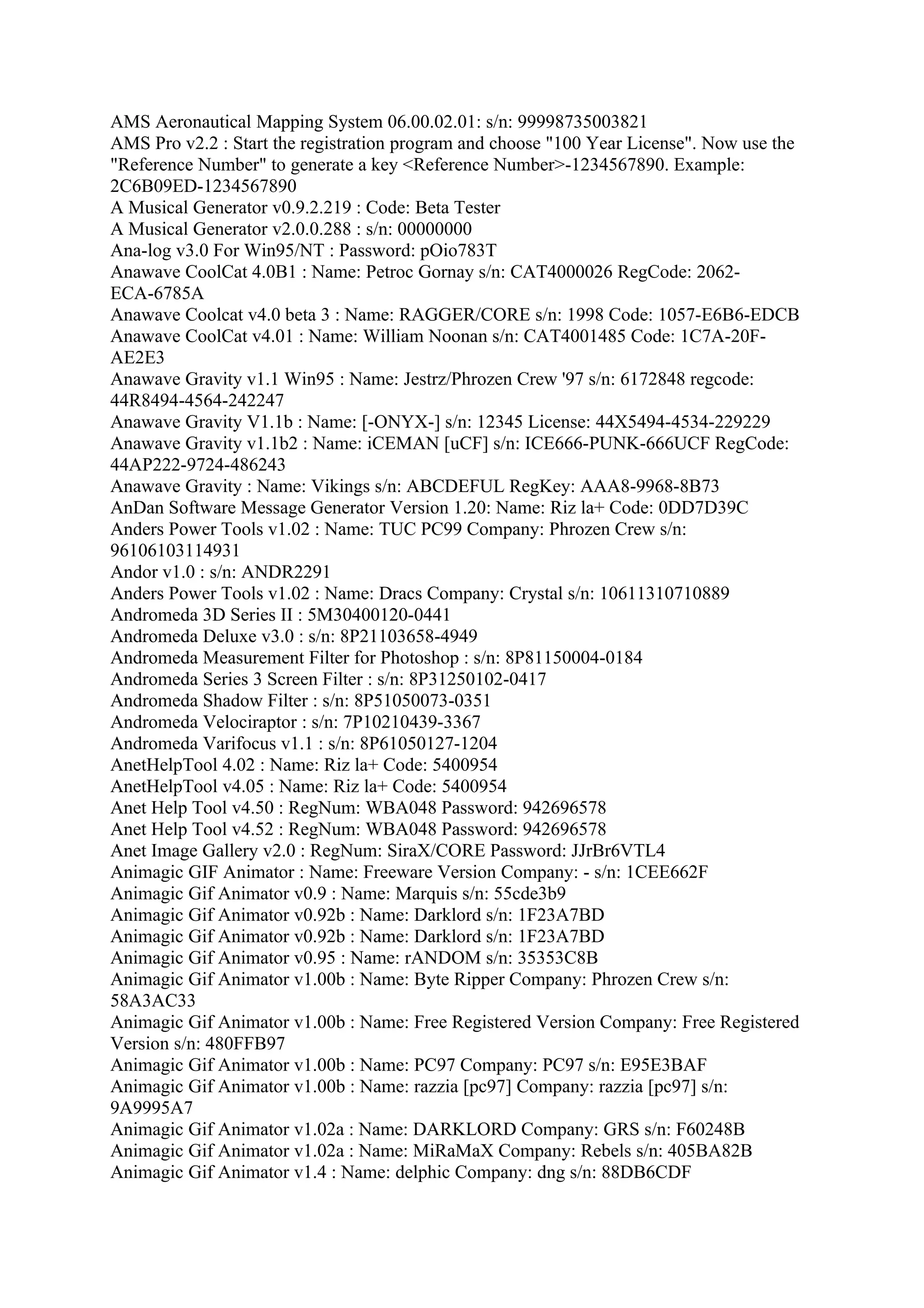 AMS Aeronautical Mapping System 06.00.02.01: s/n: 99998735003821
AMS Pro v2.2 : Start the registration program and choose "100 Year License". Now use the
"Reference Number" to generate a key <Reference Number>-1234567890. Example:
2C6B09ED-1234567890
A Musical Generator v0.9.2.219 : Code: Beta Tester
A Musical Generator v2.0.0.288 : s/n: 00000000
Ana-log v3.0 For Win95/NT : Password: pOio783T
Anawave CoolCat 4.0B1 : Name: Petroc Gornay s/n: CAT4000026 RegCode: 2062-
ECA-6785A
Anawave Coolcat v4.0 beta 3 : Name: RAGGER/CORE s/n: 1998 Code: 1057-E6B6-EDCB
Anawave CoolCat v4.01 : Name: William Noonan s/n: CAT4001485 Code: 1C7A-20F-
AE2E3
Anawave Gravity v1.1 Win95 : Name: Jestrz/Phrozen Crew '97 s/n: 6172848 regcode:
44R8494-4564-242247
Anawave Gravity V1.1b : Name: [-ONYX-] s/n: 12345 License: 44X5494-4534-229229
Anawave Gravity v1.1b2 : Name: iCEMAN [uCF] s/n: ICE666-PUNK-666UCF RegCode:
44AP222-9724-486243
Anawave Gravity : Name: Vikings s/n: ABCDEFUL RegKey: AAA8-9968-8B73
AnDan Software Message Generator Version 1.20: Name: Riz la+ Code: 0DD7D39C
Anders Power Tools v1.02 : Name: TUC PC99 Company: Phrozen Crew s/n:
96106103114931
Andor v1.0 : s/n: ANDR2291
Anders Power Tools v1.02 : Name: Dracs Company: Crystal s/n: 10611310710889
Andromeda 3D Series II : 5M30400120-0441
Andromeda Deluxe v3.0 : s/n: 8P21103658-4949
Andromeda Measurement Filter for Photoshop : s/n: 8P81150004-0184
Andromeda Series 3 Screen Filter : s/n: 8P31250102-0417
Andromeda Shadow Filter : s/n: 8P51050073-0351
Andromeda Velociraptor : s/n: 7P10210439-3367
Andromeda Varifocus v1.1 : s/n: 8P61050127-1204
AnetHelpTool 4.02 : Name: Riz la+ Code: 5400954
AnetHelpTool v4.05 : Name: Riz la+ Code: 5400954
Anet Help Tool v4.50 : RegNum: WBA048 Password: 942696578
Anet Help Tool v4.52 : RegNum: WBA048 Password: 942696578
Anet Image Gallery v2.0 : RegNum: SiraX/CORE Password: JJrBr6VTL4
Animagic GIF Animator : Name: Freeware Version Company: - s/n: 1CEE662F
Animagic Gif Animator v0.9 : Name: Marquis s/n: 55cde3b9
Animagic Gif Animator v0.92b : Name: Darklord s/n: 1F23A7BD
Animagic Gif Animator v0.92b : Name: Darklord s/n: 1F23A7BD
Animagic Gif Animator v0.95 : Name: rANDOM s/n: 35353C8B
Animagic Gif Animator v1.00b : Name: Byte Ripper Company: Phrozen Crew s/n:
58A3AC33
Animagic Gif Animator v1.00b : Name: Free Registered Version Company: Free Registered
Version s/n: 480FFB97
Animagic Gif Animator v1.00b : Name: PC97 Company: PC97 s/n: E95E3BAF
Animagic Gif Animator v1.00b : Name: razzia [pc97] Company: razzia [pc97] s/n:
9A9995A7
Animagic Gif Animator v1.02a : Name: DARKLORD Company: GRS s/n: F60248B
Animagic Gif Animator v1.02a : Name: MiRaMaX Company: Rebels s/n: 405BA82B
Animagic Gif Animator v1.4 : Name: delphic Company: dng s/n: 88DB6CDF
 
