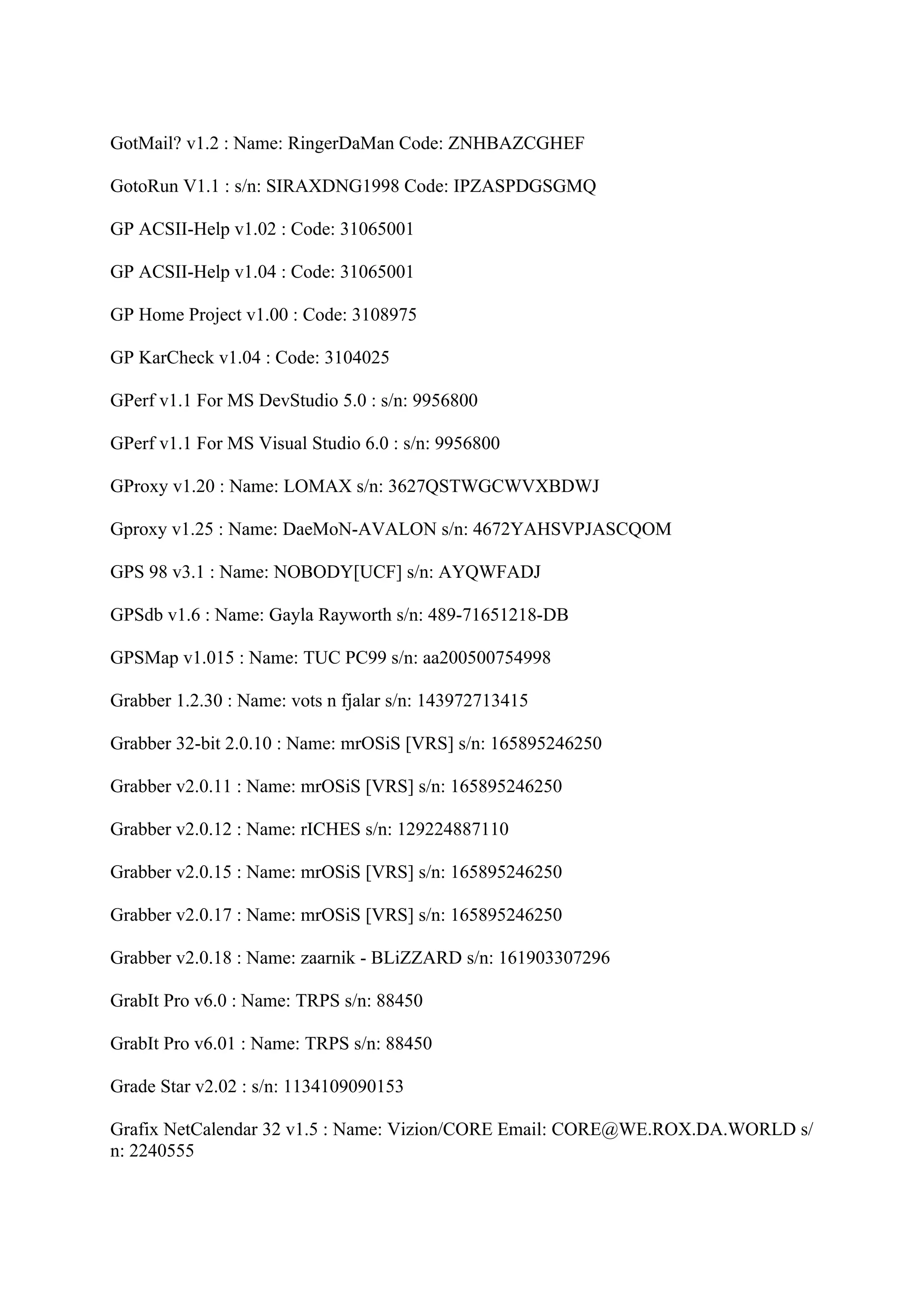 GotMail? v1.2 : Name: RingerDaMan Code: ZNHBAZCGHEF

GotoRun V1.1 : s/n: SIRAXDNG1998 Code: IPZASPDGSGMQ

GP ACSII-Help v1.02 : Code: 31065001

GP ACSII-Help v1.04 : Code: 31065001

GP Home Project v1.00 : Code: 3108975

GP KarCheck v1.04 : Code: 3104025

GPerf v1.1 For MS DevStudio 5.0 : s/n: 9956800

GPerf v1.1 For MS Visual Studio 6.0 : s/n: 9956800

GProxy v1.20 : Name: LOMAX s/n: 3627QSTWGCWVXBDWJ

Gproxy v1.25 : Name: DaeMoN-AVALON s/n: 4672YAHSVPJASCQOM

GPS 98 v3.1 : Name: NOBODY[UCF] s/n: AYQWFADJ

GPSdb v1.6 : Name: Gayla Rayworth s/n: 489-71651218-DB

GPSMap v1.015 : Name: TUC PC99 s/n: aa200500754998

Grabber 1.2.30 : Name: vots n fjalar s/n: 143972713415

Grabber 32-bit 2.0.10 : Name: mrOSiS [VRS] s/n: 165895246250

Grabber v2.0.11 : Name: mrOSiS [VRS] s/n: 165895246250

Grabber v2.0.12 : Name: rICHES s/n: 129224887110

Grabber v2.0.15 : Name: mrOSiS [VRS] s/n: 165895246250

Grabber v2.0.17 : Name: mrOSiS [VRS] s/n: 165895246250

Grabber v2.0.18 : Name: zaarnik - BLiZZARD s/n: 161903307296

GrabIt Pro v6.0 : Name: TRPS s/n: 88450

GrabIt Pro v6.01 : Name: TRPS s/n: 88450

Grade Star v2.02 : s/n: 1134109090153

Grafix NetCalendar 32 v1.5 : Name: Vizion/CORE Email: CORE@WE.ROX.DA.WORLD s/
n: 2240555
 