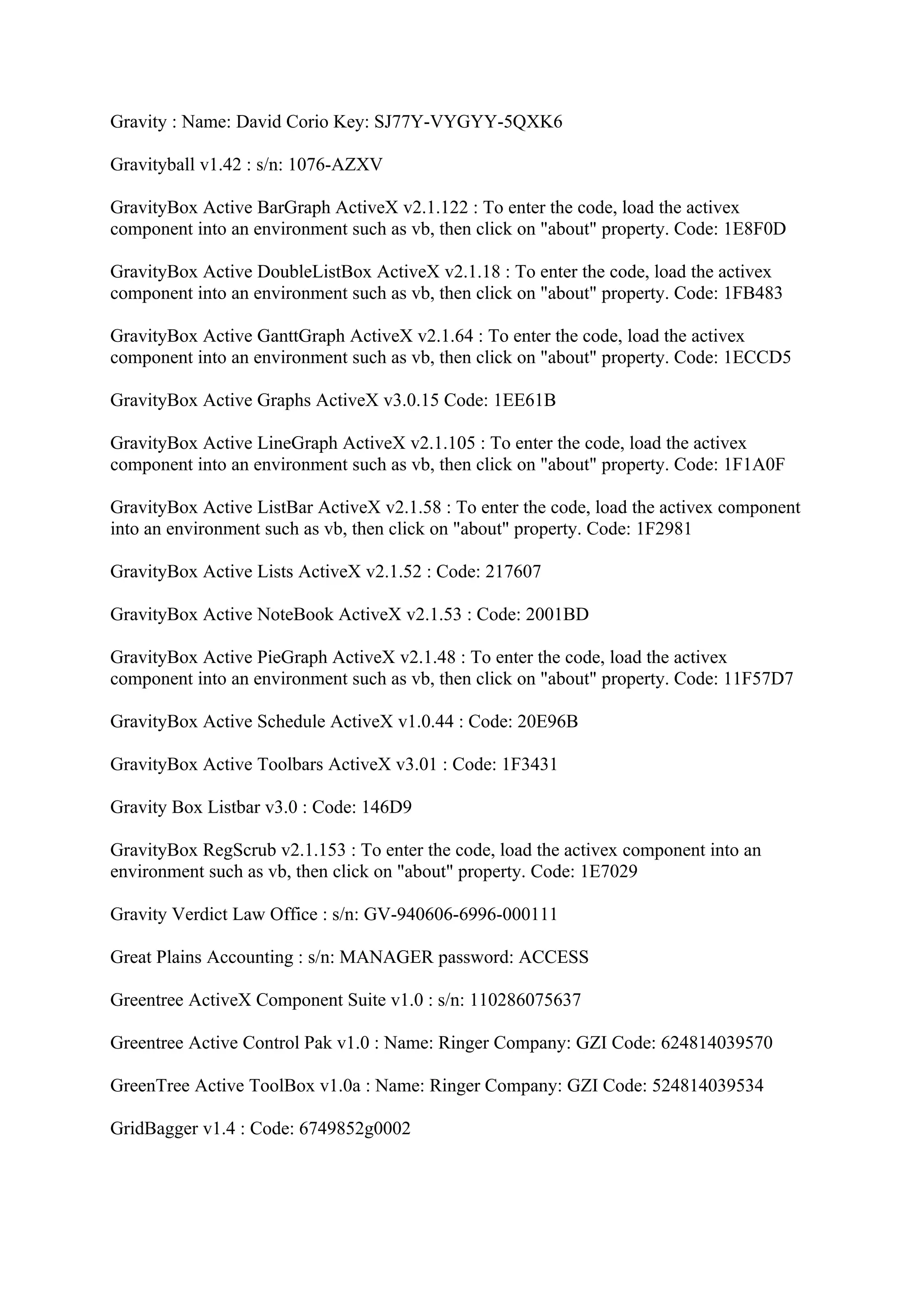 Gravity : Name: David Corio Key: SJ77Y-VYGYY-5QXK6

Gravityball v1.42 : s/n: 1076-AZXV

GravityBox Active BarGraph ActiveX v2.1.122 : To enter the code, load the activex
component into an environment such as vb, then click on "about" property. Code: 1E8F0D

GravityBox Active DoubleListBox ActiveX v2.1.18 : To enter the code, load the activex
component into an environment such as vb, then click on "about" property. Code: 1FB483

GravityBox Active GanttGraph ActiveX v2.1.64 : To enter the code, load the activex
component into an environment such as vb, then click on "about" property. Code: 1ECCD5

GravityBox Active Graphs ActiveX v3.0.15 Code: 1EE61B

GravityBox Active LineGraph ActiveX v2.1.105 : To enter the code, load the activex
component into an environment such as vb, then click on "about" property. Code: 1F1A0F

GravityBox Active ListBar ActiveX v2.1.58 : To enter the code, load the activex component
into an environment such as vb, then click on "about" property. Code: 1F2981

GravityBox Active Lists ActiveX v2.1.52 : Code: 217607

GravityBox Active NoteBook ActiveX v2.1.53 : Code: 2001BD

GravityBox Active PieGraph ActiveX v2.1.48 : To enter the code, load the activex
component into an environment such as vb, then click on "about" property. Code: 11F57D7

GravityBox Active Schedule ActiveX v1.0.44 : Code: 20E96B

GravityBox Active Toolbars ActiveX v3.01 : Code: 1F3431

Gravity Box Listbar v3.0 : Code: 146D9

GravityBox RegScrub v2.1.153 : To enter the code, load the activex component into an
environment such as vb, then click on "about" property. Code: 1E7029

Gravity Verdict Law Office : s/n: GV-940606-6996-000111

Great Plains Accounting : s/n: MANAGER password: ACCESS

Greentree ActiveX Component Suite v1.0 : s/n: 110286075637

Greentree Active Control Pak v1.0 : Name: Ringer Company: GZI Code: 624814039570

GreenTree Active ToolBox v1.0a : Name: Ringer Company: GZI Code: 524814039534

GridBagger v1.4 : Code: 6749852g0002
 