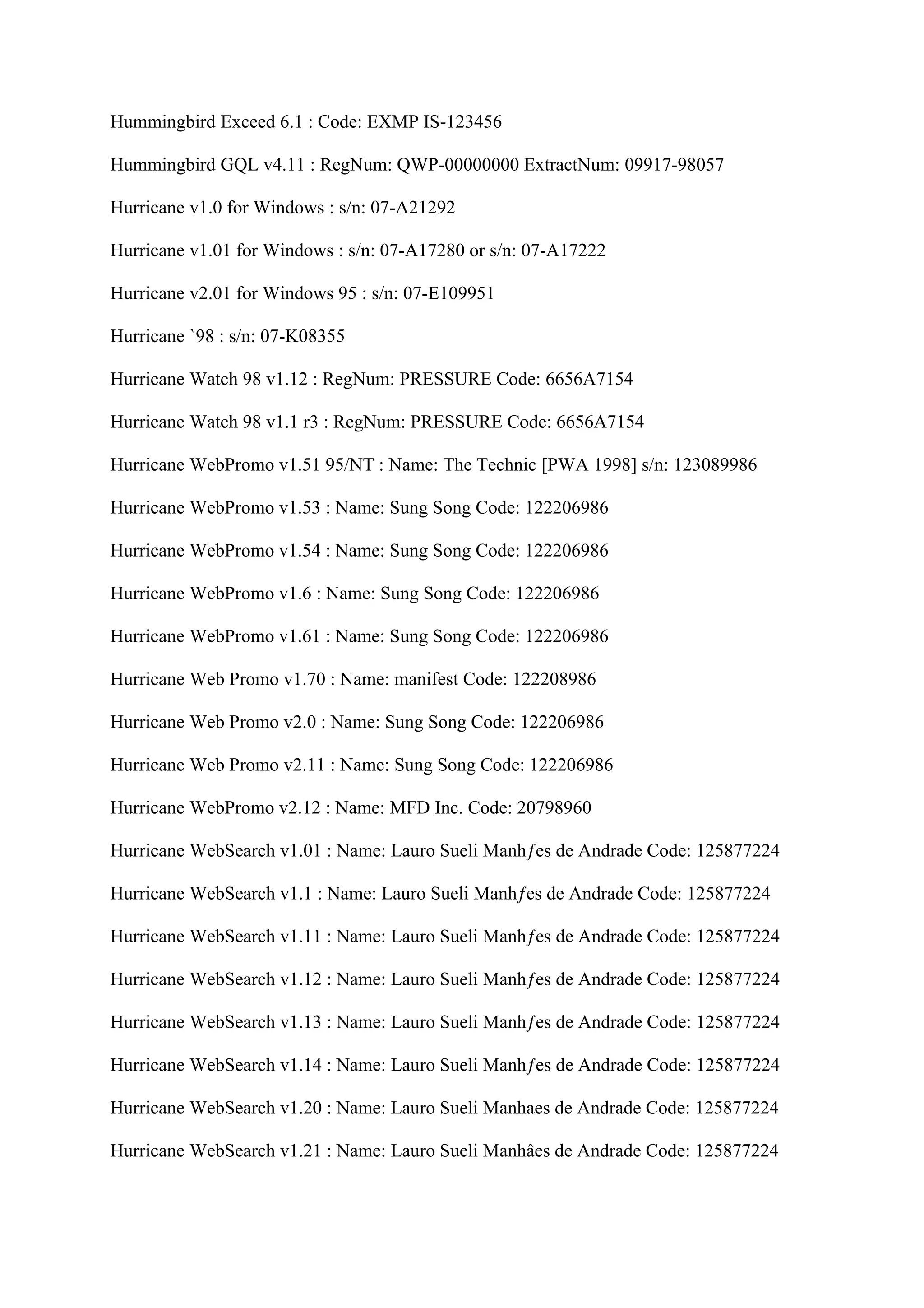 Hummingbird Exceed 6.1 : Code: EXMP IS-123456

Hummingbird GQL v4.11 : RegNum: QWP-00000000 ExtractNum: 09917-98057

Hurricane v1.0 for Windows : s/n: 07-A21292

Hurricane v1.01 for Windows : s/n: 07-A17280 or s/n: 07-A17222

Hurricane v2.01 for Windows 95 : s/n: 07-E109951

Hurricane `98 : s/n: 07-K08355

Hurricane Watch 98 v1.12 : RegNum: PRESSURE Code: 6656A7154

Hurricane Watch 98 v1.1 r3 : RegNum: PRESSURE Code: 6656A7154

Hurricane WebPromo v1.51 95/NT : Name: The Technic [PWA 1998] s/n: 123089986

Hurricane WebPromo v1.53 : Name: Sung Song Code: 122206986

Hurricane WebPromo v1.54 : Name: Sung Song Code: 122206986

Hurricane WebPromo v1.6 : Name: Sung Song Code: 122206986

Hurricane WebPromo v1.61 : Name: Sung Song Code: 122206986

Hurricane Web Promo v1.70 : Name: manifest Code: 122208986

Hurricane Web Promo v2.0 : Name: Sung Song Code: 122206986

Hurricane Web Promo v2.11 : Name: Sung Song Code: 122206986

Hurricane WebPromo v2.12 : Name: MFD Inc. Code: 20798960

Hurricane WebSearch v1.01 : Name: Lauro Sueli Manhƒes de Andrade Code: 125877224

Hurricane WebSearch v1.1 : Name: Lauro Sueli Manhƒes de Andrade Code: 125877224

Hurricane WebSearch v1.11 : Name: Lauro Sueli Manhƒes de Andrade Code: 125877224

Hurricane WebSearch v1.12 : Name: Lauro Sueli Manhƒes de Andrade Code: 125877224

Hurricane WebSearch v1.13 : Name: Lauro Sueli Manhƒes de Andrade Code: 125877224

Hurricane WebSearch v1.14 : Name: Lauro Sueli Manhƒes de Andrade Code: 125877224

Hurricane WebSearch v1.20 : Name: Lauro Sueli Manhaes de Andrade Code: 125877224

Hurricane WebSearch v1.21 : Name: Lauro Sueli Manhâes de Andrade Code: 125877224
 