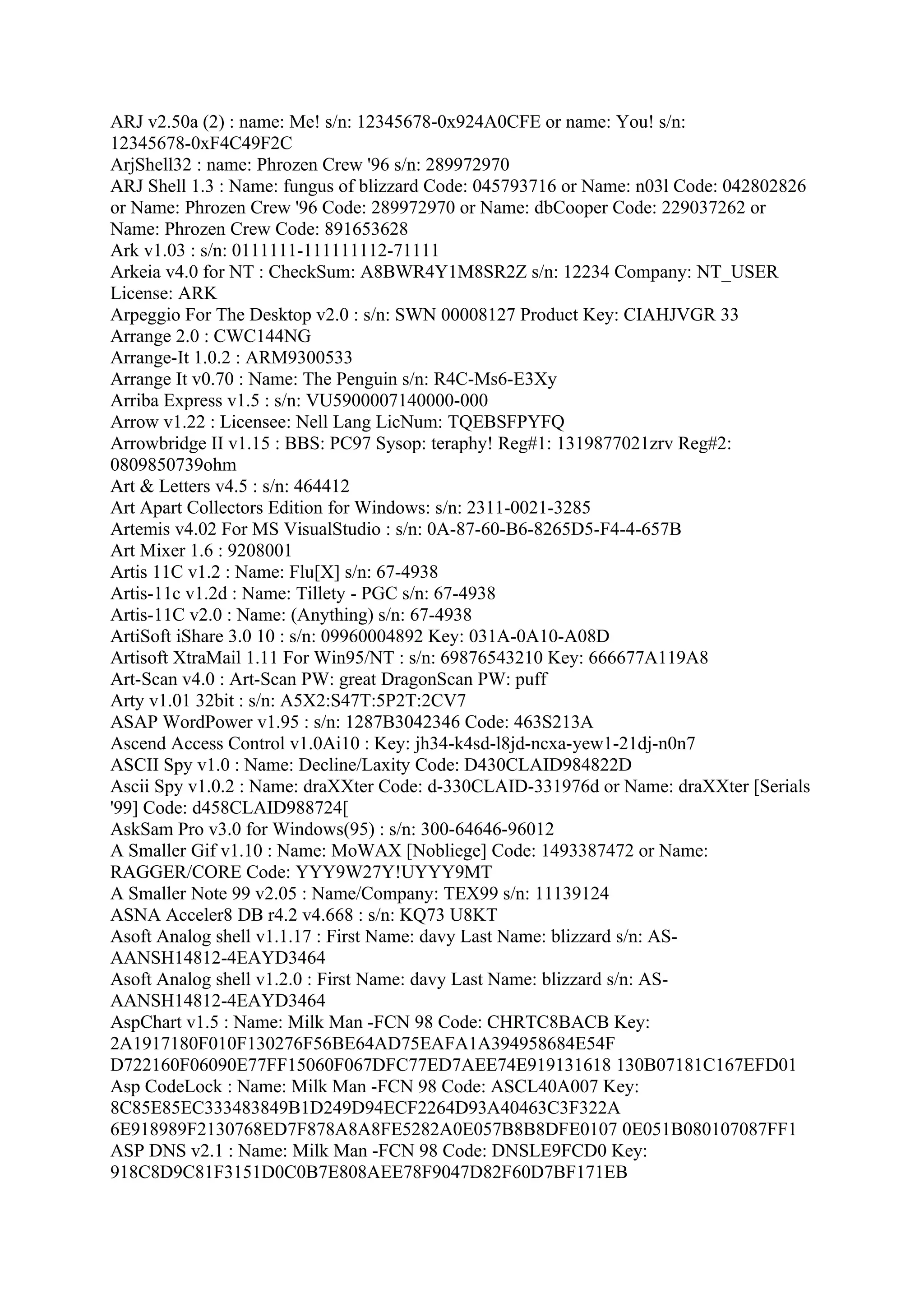 ARJ v2.50a (2) : name: Me! s/n: 12345678-0x924A0CFE or name: You! s/n:
12345678-0xF4C49F2C
ArjShell32 : name: Phrozen Crew '96 s/n: 289972970
ARJ Shell 1.3 : Name: fungus of blizzard Code: 045793716 or Name: n03l Code: 042802826
or Name: Phrozen Crew '96 Code: 289972970 or Name: dbCooper Code: 229037262 or
Name: Phrozen Crew Code: 891653628
Ark v1.03 : s/n: 0111111-111111112-71111
Arkeia v4.0 for NT : CheckSum: A8BWR4Y1M8SR2Z s/n: 12234 Company: NT_USER
License: ARK
Arpeggio For The Desktop v2.0 : s/n: SWN 00008127 Product Key: CIAHJVGR 33
Arrange 2.0 : CWC144NG
Arrange-It 1.0.2 : ARM9300533
Arrange It v0.70 : Name: The Penguin s/n: R4C-Ms6-E3Xy
Arriba Express v1.5 : s/n: VU5900007140000-000
Arrow v1.22 : Licensee: Nell Lang LicNum: TQEBSFPYFQ
Arrowbridge II v1.15 : BBS: PC97 Sysop: teraphy! Reg#1: 1319877021zrv Reg#2:
0809850739ohm
Art & Letters v4.5 : s/n: 464412
Art Apart Collectors Edition for Windows: s/n: 2311-0021-3285
Artemis v4.02 For MS VisualStudio : s/n: 0A-87-60-B6-8265D5-F4-4-657B
Art Mixer 1.6 : 9208001
Artis 11C v1.2 : Name: Flu[X] s/n: 67-4938
Artis-11c v1.2d : Name: Tillety - PGC s/n: 67-4938
Artis-11C v2.0 : Name: (Anything) s/n: 67-4938
ArtiSoft iShare 3.0 10 : s/n: 09960004892 Key: 031A-0A10-A08D
Artisoft XtraMail 1.11 For Win95/NT : s/n: 69876543210 Key: 666677A119A8
Art-Scan v4.0 : Art-Scan PW: great DragonScan PW: puff
Arty v1.01 32bit : s/n: A5X2:S47T:5P2T:2CV7
ASAP WordPower v1.95 : s/n: 1287B3042346 Code: 463S213A
Ascend Access Control v1.0Ai10 : Key: jh34-k4sd-l8jd-ncxa-yew1-21dj-n0n7
ASCII Spy v1.0 : Name: Decline/Laxity Code: D430CLAID984822D
Ascii Spy v1.0.2 : Name: draXXter Code: d-330CLAID-331976d or Name: draXXter [Serials
'99] Code: d458CLAID988724[
AskSam Pro v3.0 for Windows(95) : s/n: 300-64646-96012
A Smaller Gif v1.10 : Name: MoWAX [Nobliege] Code: 1493387472 or Name:
RAGGER/CORE Code: YYY9W27Y!UYYY9MT
A Smaller Note 99 v2.05 : Name/Company: TEX99 s/n: 11139124
ASNA Acceler8 DB r4.2 v4.668 : s/n: KQ73 U8KT
Asoft Analog shell v1.1.17 : First Name: davy Last Name: blizzard s/n: AS-
AANSH14812-4EAYD3464
Asoft Analog shell v1.2.0 : First Name: davy Last Name: blizzard s/n: AS-
AANSH14812-4EAYD3464
AspChart v1.5 : Name: Milk Man -FCN 98 Code: CHRTC8BACB Key:
2A1917180F010F130276F56BE64AD75EAFA1A394958684E54F
D722160F06090E77FF15060F067DFC77ED7AEE74E919131618 130B07181C167EFD01
Asp CodeLock : Name: Milk Man -FCN 98 Code: ASCL40A007 Key:
8C85E85EC333483849B1D249D94ECF2264D93A40463C3F322A
6E918989F2130768ED7F878A8A8FE5282A0E057B8B8DFE0107 0E051B080107087FF1
ASP DNS v2.1 : Name: Milk Man -FCN 98 Code: DNSLE9FCD0 Key:
918C8D9C81F3151D0C0B7E808AEE78F9047D82F60D7BF171EB
 