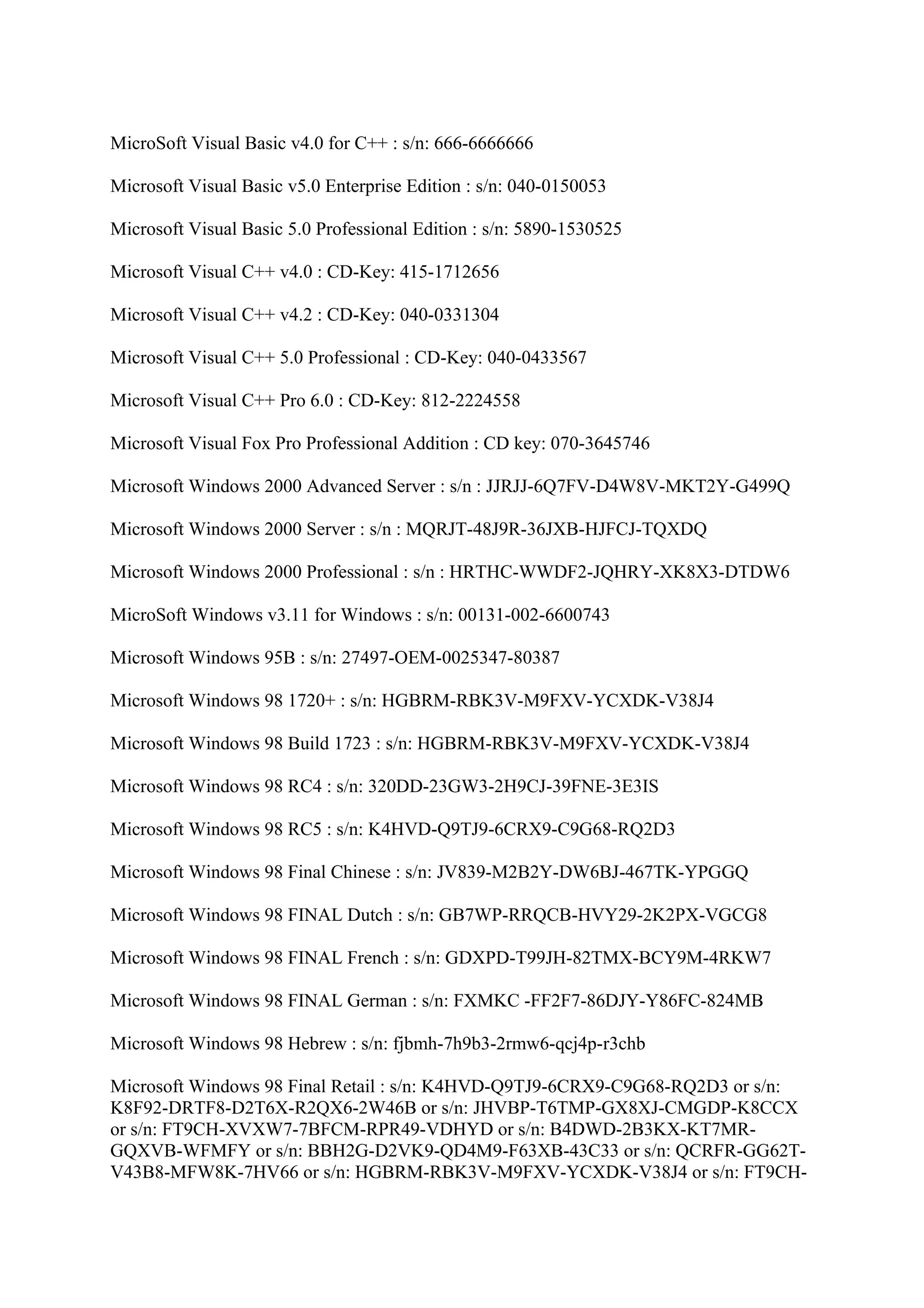 MicroSoft Visual Basic v4.0 for C++ : s/n: 666-6666666

Microsoft Visual Basic v5.0 Enterprise Edition : s/n: 040-0150053

Microsoft Visual Basic 5.0 Professional Edition : s/n: 5890-1530525

Microsoft Visual C++ v4.0 : CD-Key: 415-1712656

Microsoft Visual C++ v4.2 : CD-Key: 040-0331304

Microsoft Visual C++ 5.0 Professional : CD-Key: 040-0433567

Microsoft Visual C++ Pro 6.0 : CD-Key: 812-2224558

Microsoft Visual Fox Pro Professional Addition : CD key: 070-3645746

Microsoft Windows 2000 Advanced Server : s/n : JJRJJ-6Q7FV-D4W8V-MKT2Y-G499Q

Microsoft Windows 2000 Server : s/n : MQRJT-48J9R-36JXB-HJFCJ-TQXDQ

Microsoft Windows 2000 Professional : s/n : HRTHC-WWDF2-JQHRY-XK8X3-DTDW6

MicroSoft Windows v3.11 for Windows : s/n: 00131-002-6600743

Microsoft Windows 95B : s/n: 27497-OEM-0025347-80387

Microsoft Windows 98 1720+ : s/n: HGBRM-RBK3V-M9FXV-YCXDK-V38J4

Microsoft Windows 98 Build 1723 : s/n: HGBRM-RBK3V-M9FXV-YCXDK-V38J4

Microsoft Windows 98 RC4 : s/n: 320DD-23GW3-2H9CJ-39FNE-3E3IS

Microsoft Windows 98 RC5 : s/n: K4HVD-Q9TJ9-6CRX9-C9G68-RQ2D3

Microsoft Windows 98 Final Chinese : s/n: JV839-M2B2Y-DW6BJ-467TK-YPGGQ

Microsoft Windows 98 FINAL Dutch : s/n: GB7WP-RRQCB-HVY29-2K2PX-VGCG8

Microsoft Windows 98 FINAL French : s/n: GDXPD-T99JH-82TMX-BCY9M-4RKW7

Microsoft Windows 98 FINAL German : s/n: FXMKC -FF2F7-86DJY-Y86FC-824MB

Microsoft Windows 98 Hebrew : s/n: fjbmh-7h9b3-2rmw6-qcj4p-r3chb

Microsoft Windows 98 Final Retail : s/n: K4HVD-Q9TJ9-6CRX9-C9G68-RQ2D3 or s/n:
K8F92-DRTF8-D2T6X-R2QX6-2W46B or s/n: JHVBP-T6TMP-GX8XJ-CMGDP-K8CCX
or s/n: FT9CH-XVXW7-7BFCM-RPR49-VDHYD or s/n: B4DWD-2B3KX-KT7MR-
GQXVB-WFMFY or s/n: BBH2G-D2VK9-QD4M9-F63XB-43C33 or s/n: QCRFR-GG62T-
V43B8-MFW8K-7HV66 or s/n: HGBRM-RBK3V-M9FXV-YCXDK-V38J4 or s/n: FT9CH-
 