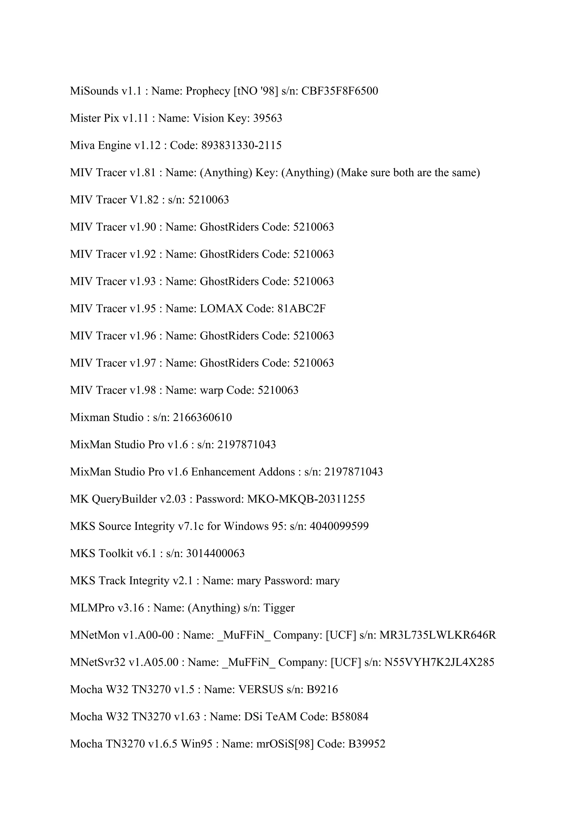 MiSounds v1.1 : Name: Prophecy [tNO '98] s/n: CBF35F8F6500

Mister Pix v1.11 : Name: Vision Key: 39563

Miva Engine v1.12 : Code: 893831330-2115

MIV Tracer v1.81 : Name: (Anything) Key: (Anything) (Make sure both are the same)

MIV Tracer V1.82 : s/n: 5210063

MIV Tracer v1.90 : Name: GhostRiders Code: 5210063

MIV Tracer v1.92 : Name: GhostRiders Code: 5210063

MIV Tracer v1.93 : Name: GhostRiders Code: 5210063

MIV Tracer v1.95 : Name: LOMAX Code: 81ABC2F

MIV Tracer v1.96 : Name: GhostRiders Code: 5210063

MIV Tracer v1.97 : Name: GhostRiders Code: 5210063

MIV Tracer v1.98 : Name: warp Code: 5210063

Mixman Studio : s/n: 2166360610

MixMan Studio Pro v1.6 : s/n: 2197871043

MixMan Studio Pro v1.6 Enhancement Addons : s/n: 2197871043

MK QueryBuilder v2.03 : Password: MKO-MKQB-20311255

MKS Source Integrity v7.1c for Windows 95: s/n: 4040099599

MKS Toolkit v6.1 : s/n: 3014400063

MKS Track Integrity v2.1 : Name: mary Password: mary

MLMPro v3.16 : Name: (Anything) s/n: Tigger

MNetMon v1.A00-00 : Name: _MuFFiN_ Company: [UCF] s/n: MR3L735LWLKR646R

MNetSvr32 v1.A05.00 : Name: _MuFFiN_ Company: [UCF] s/n: N55VYH7K2JL4X285

Mocha W32 TN3270 v1.5 : Name: VERSUS s/n: B9216

Mocha W32 TN3270 v1.63 : Name: DSi TeAM Code: B58084

Mocha TN3270 v1.6.5 Win95 : Name: mrOSiS[98] Code: B39952
 