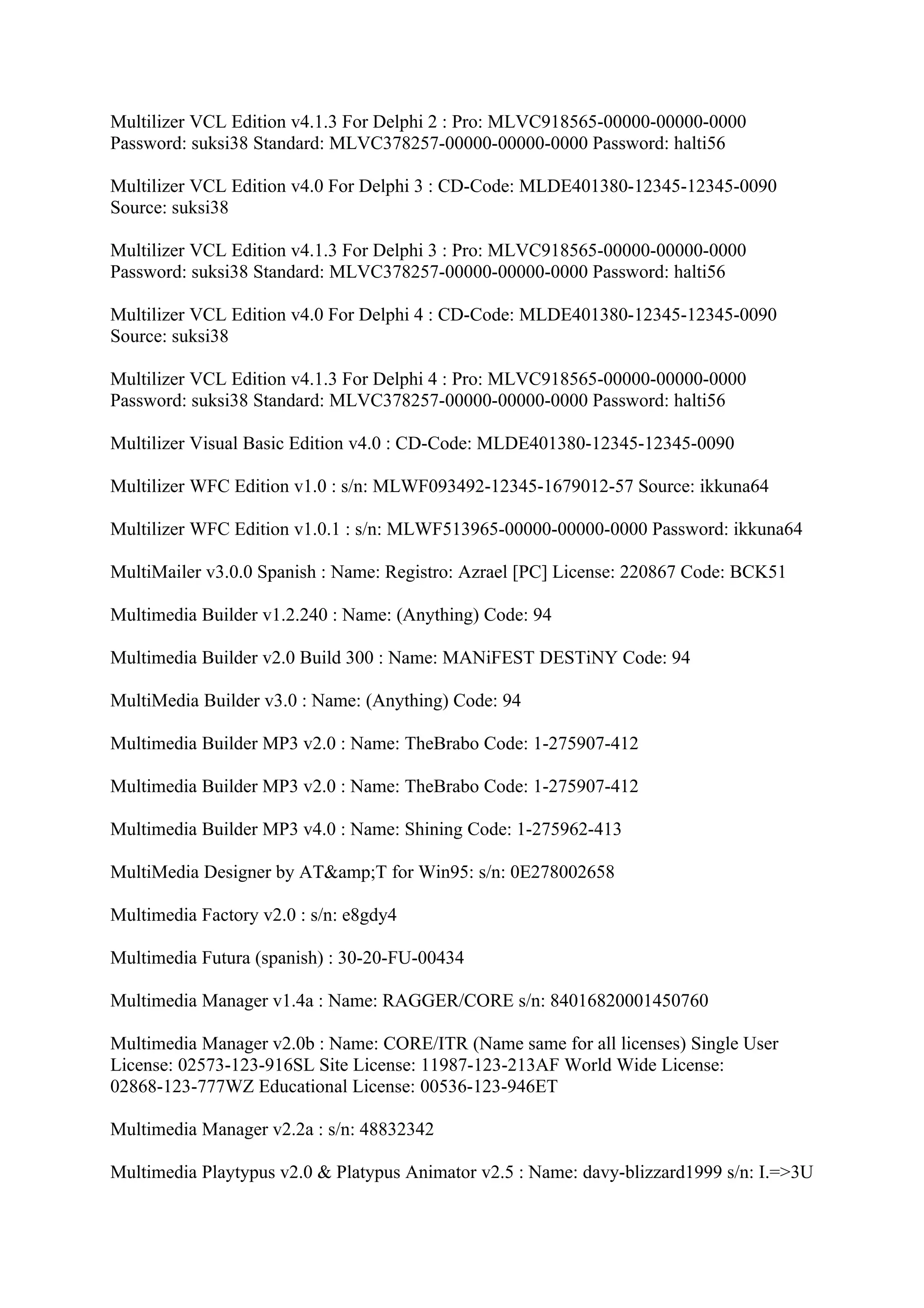 Multilizer VCL Edition v4.1.3 For Delphi 2 : Pro: MLVC918565-00000-00000-0000
Password: suksi38 Standard: MLVC378257-00000-00000-0000 Password: halti56

Multilizer VCL Edition v4.0 For Delphi 3 : CD-Code: MLDE401380-12345-12345-0090
Source: suksi38

Multilizer VCL Edition v4.1.3 For Delphi 3 : Pro: MLVC918565-00000-00000-0000
Password: suksi38 Standard: MLVC378257-00000-00000-0000 Password: halti56

Multilizer VCL Edition v4.0 For Delphi 4 : CD-Code: MLDE401380-12345-12345-0090
Source: suksi38

Multilizer VCL Edition v4.1.3 For Delphi 4 : Pro: MLVC918565-00000-00000-0000
Password: suksi38 Standard: MLVC378257-00000-00000-0000 Password: halti56

Multilizer Visual Basic Edition v4.0 : CD-Code: MLDE401380-12345-12345-0090

Multilizer WFC Edition v1.0 : s/n: MLWF093492-12345-1679012-57 Source: ikkuna64

Multilizer WFC Edition v1.0.1 : s/n: MLWF513965-00000-00000-0000 Password: ikkuna64

MultiMailer v3.0.0 Spanish : Name: Registro: Azrael [PC] License: 220867 Code: BCK51

Multimedia Builder v1.2.240 : Name: (Anything) Code: 94

Multimedia Builder v2.0 Build 300 : Name: MANiFEST DESTiNY Code: 94

MultiMedia Builder v3.0 : Name: (Anything) Code: 94

Multimedia Builder MP3 v2.0 : Name: TheBrabo Code: 1-275907-412

Multimedia Builder MP3 v2.0 : Name: TheBrabo Code: 1-275907-412

Multimedia Builder MP3 v4.0 : Name: Shining Code: 1-275962-413

MultiMedia Designer by AT&amp;T for Win95: s/n: 0E278002658

Multimedia Factory v2.0 : s/n: e8gdy4

Multimedia Futura (spanish) : 30-20-FU-00434

Multimedia Manager v1.4a : Name: RAGGER/CORE s/n: 84016820001450760

Multimedia Manager v2.0b : Name: CORE/ITR (Name same for all licenses) Single User
License: 02573-123-916SL Site License: 11987-123-213AF World Wide License:
02868-123-777WZ Educational License: 00536-123-946ET

Multimedia Manager v2.2a : s/n: 48832342

Multimedia Playtypus v2.0 & Platypus Animator v2.5 : Name: davy-blizzard1999 s/n: I.=>3U
 