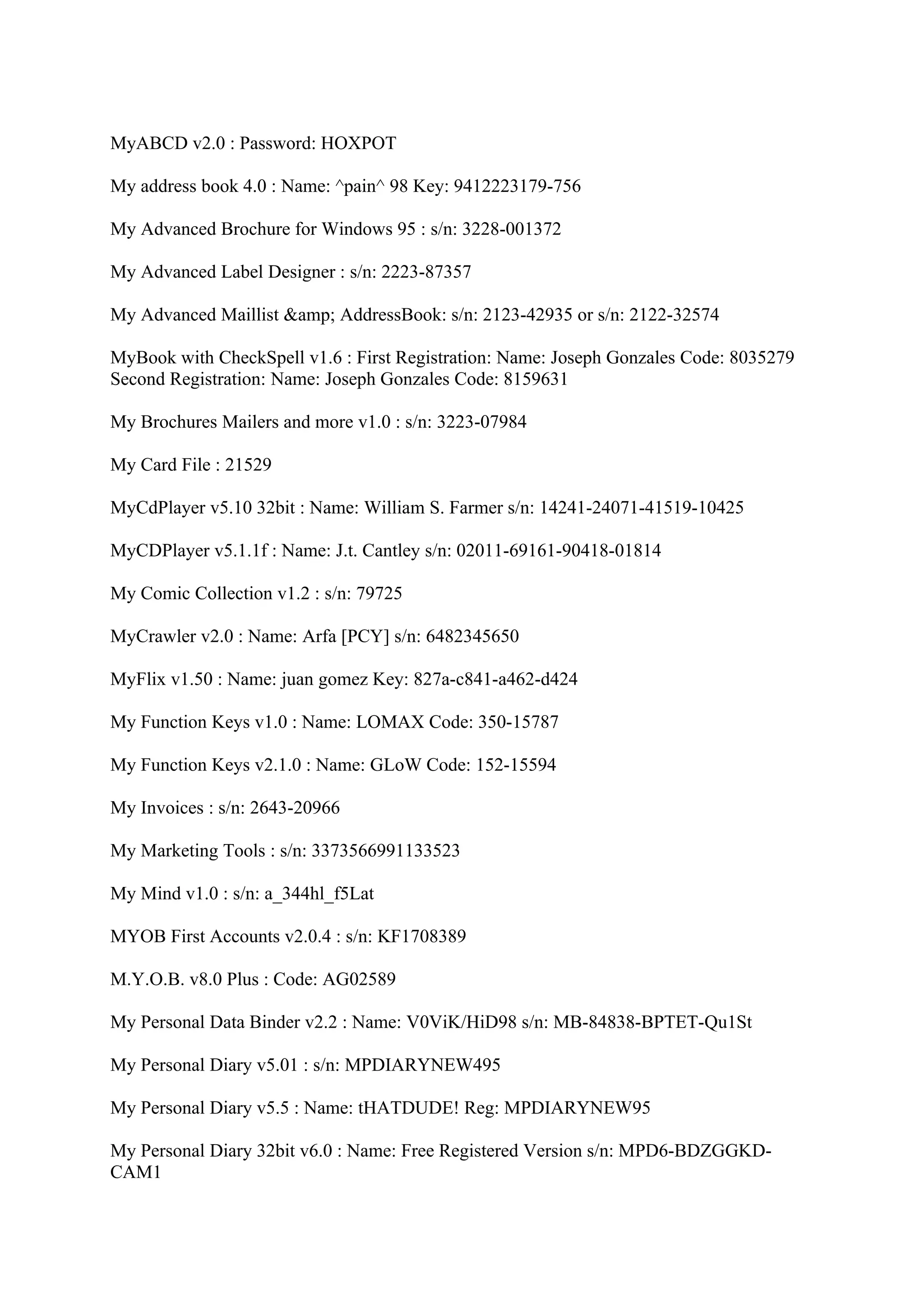 MyABCD v2.0 : Password: HOXPOT

My address book 4.0 : Name: ^pain^ 98 Key: 9412223179-756

My Advanced Brochure for Windows 95 : s/n: 3228-001372

My Advanced Label Designer : s/n: 2223-87357

My Advanced Maillist &amp; AddressBook: s/n: 2123-42935 or s/n: 2122-32574

MyBook with CheckSpell v1.6 : First Registration: Name: Joseph Gonzales Code: 8035279
Second Registration: Name: Joseph Gonzales Code: 8159631

My Brochures Mailers and more v1.0 : s/n: 3223-07984

My Card File : 21529

MyCdPlayer v5.10 32bit : Name: William S. Farmer s/n: 14241-24071-41519-10425

MyCDPlayer v5.1.1f : Name: J.t. Cantley s/n: 02011-69161-90418-01814

My Comic Collection v1.2 : s/n: 79725

MyCrawler v2.0 : Name: Arfa [PCY] s/n: 6482345650

MyFlix v1.50 : Name: juan gomez Key: 827a-c841-a462-d424

My Function Keys v1.0 : Name: LOMAX Code: 350-15787

My Function Keys v2.1.0 : Name: GLoW Code: 152-15594

My Invoices : s/n: 2643-20966

My Marketing Tools : s/n: 3373566991133523

My Mind v1.0 : s/n: a_344hl_f5Lat

MYOB First Accounts v2.0.4 : s/n: KF1708389

M.Y.O.B. v8.0 Plus : Code: AG02589

My Personal Data Binder v2.2 : Name: V0ViK/HiD98 s/n: MB-84838-BPTET-Qu1St

My Personal Diary v5.01 : s/n: MPDIARYNEW495

My Personal Diary v5.5 : Name: tHATDUDE! Reg: MPDIARYNEW95

My Personal Diary 32bit v6.0 : Name: Free Registered Version s/n: MPD6-BDZGGKD-
CAM1
 