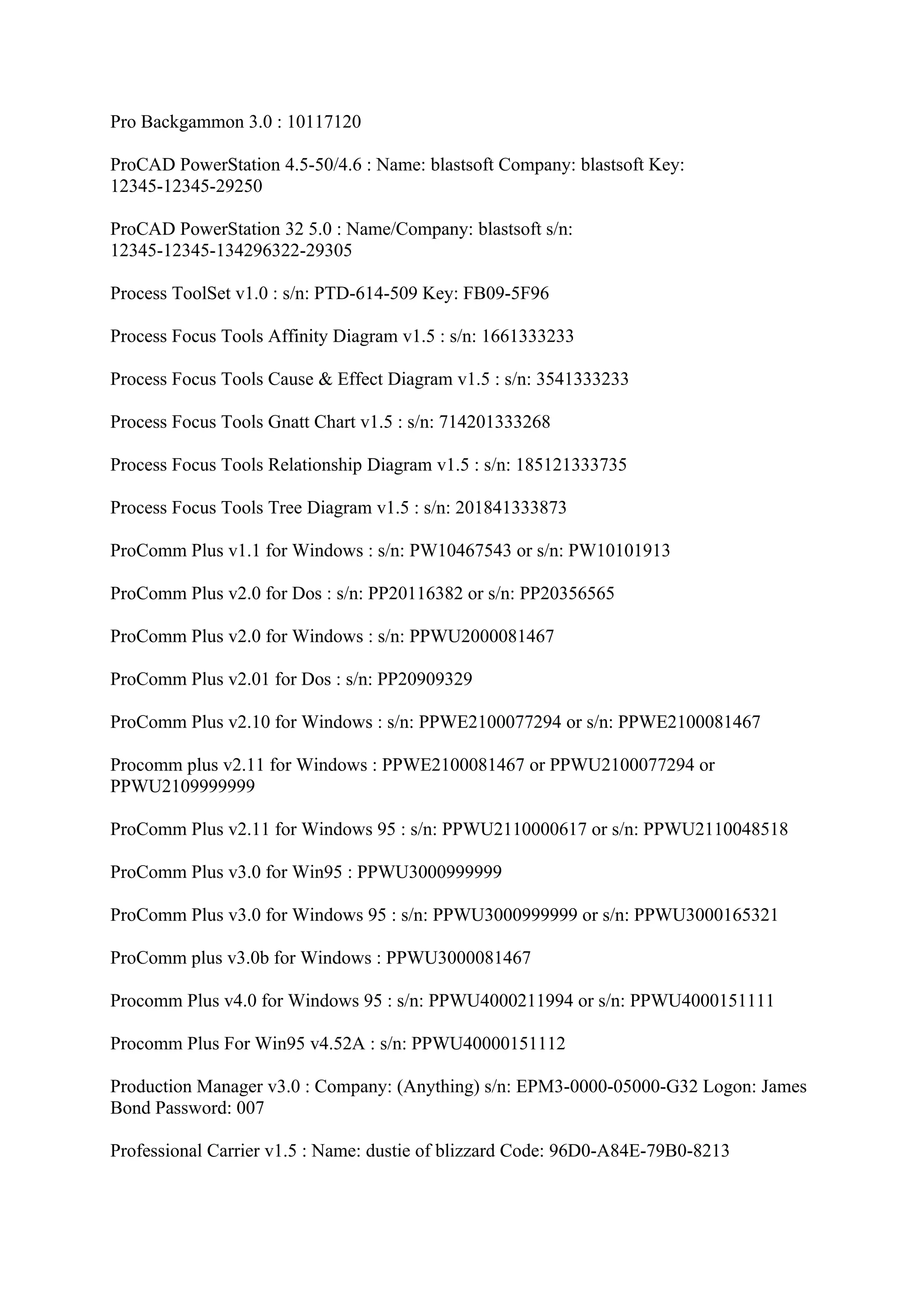 Pro Backgammon 3.0 : 10117120

ProCAD PowerStation 4.5-50/4.6 : Name: blastsoft Company: blastsoft Key:
12345-12345-29250

ProCAD PowerStation 32 5.0 : Name/Company: blastsoft s/n:
12345-12345-134296322-29305

Process ToolSet v1.0 : s/n: PTD-614-509 Key: FB09-5F96

Process Focus Tools Affinity Diagram v1.5 : s/n: 1661333233

Process Focus Tools Cause & Effect Diagram v1.5 : s/n: 3541333233

Process Focus Tools Gnatt Chart v1.5 : s/n: 714201333268

Process Focus Tools Relationship Diagram v1.5 : s/n: 185121333735

Process Focus Tools Tree Diagram v1.5 : s/n: 201841333873

ProComm Plus v1.1 for Windows : s/n: PW10467543 or s/n: PW10101913

ProComm Plus v2.0 for Dos : s/n: PP20116382 or s/n: PP20356565

ProComm Plus v2.0 for Windows : s/n: PPWU2000081467

ProComm Plus v2.01 for Dos : s/n: PP20909329

ProComm Plus v2.10 for Windows : s/n: PPWE2100077294 or s/n: PPWE2100081467

Procomm plus v2.11 for Windows : PPWE2100081467 or PPWU2100077294 or
PPWU2109999999

ProComm Plus v2.11 for Windows 95 : s/n: PPWU2110000617 or s/n: PPWU2110048518

ProComm Plus v3.0 for Win95 : PPWU3000999999

ProComm Plus v3.0 for Windows 95 : s/n: PPWU3000999999 or s/n: PPWU3000165321

ProComm plus v3.0b for Windows : PPWU3000081467

Procomm Plus v4.0 for Windows 95 : s/n: PPWU4000211994 or s/n: PPWU4000151111

Procomm Plus For Win95 v4.52A : s/n: PPWU40000151112

Production Manager v3.0 : Company: (Anything) s/n: EPM3-0000-05000-G32 Logon: James
Bond Password: 007

Professional Carrier v1.5 : Name: dustie of blizzard Code: 96D0-A84E-79B0-8213
 