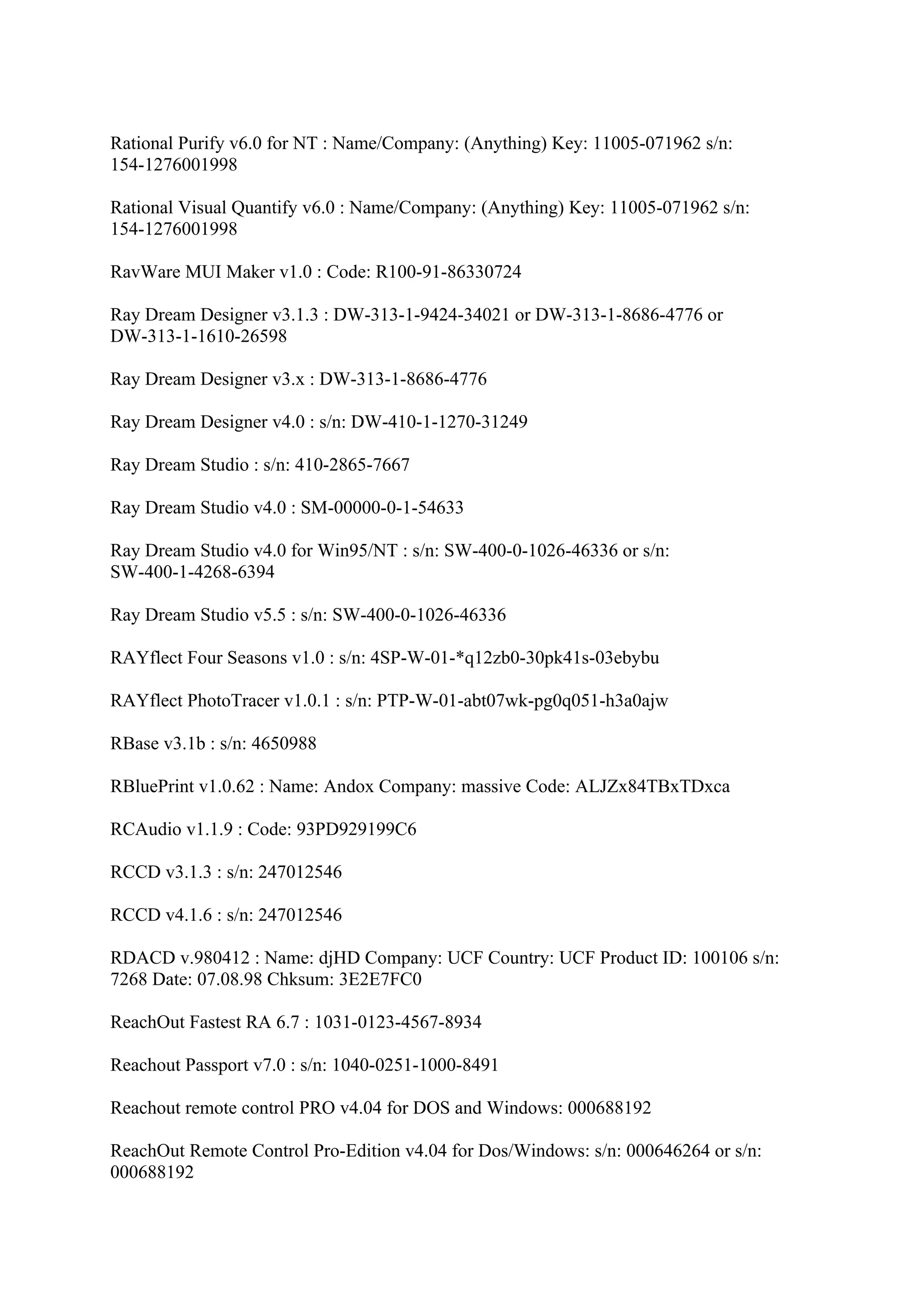 Rational Purify v6.0 for NT : Name/Company: (Anything) Key: 11005-071962 s/n:
154-1276001998

Rational Visual Quantify v6.0 : Name/Company: (Anything) Key: 11005-071962 s/n:
154-1276001998

RavWare MUI Maker v1.0 : Code: R100-91-86330724

Ray Dream Designer v3.1.3 : DW-313-1-9424-34021 or DW-313-1-8686-4776 or
DW-313-1-1610-26598

Ray Dream Designer v3.x : DW-313-1-8686-4776

Ray Dream Designer v4.0 : s/n: DW-410-1-1270-31249

Ray Dream Studio : s/n: 410-2865-7667

Ray Dream Studio v4.0 : SM-00000-0-1-54633

Ray Dream Studio v4.0 for Win95/NT : s/n: SW-400-0-1026-46336 or s/n:
SW-400-1-4268-6394

Ray Dream Studio v5.5 : s/n: SW-400-0-1026-46336

RAYflect Four Seasons v1.0 : s/n: 4SP-W-01-*q12zb0-30pk41s-03ebybu

RAYflect PhotoTracer v1.0.1 : s/n: PTP-W-01-abt07wk-pg0q051-h3a0ajw

RBase v3.1b : s/n: 4650988

RBluePrint v1.0.62 : Name: Andox Company: massive Code: ALJZx84TBxTDxca

RCAudio v1.1.9 : Code: 93PD929199C6

RCCD v3.1.3 : s/n: 247012546

RCCD v4.1.6 : s/n: 247012546

RDACD v.980412 : Name: djHD Company: UCF Country: UCF Product ID: 100106 s/n:
7268 Date: 07.08.98 Chksum: 3E2E7FC0

ReachOut Fastest RA 6.7 : 1031-0123-4567-8934

Reachout Passport v7.0 : s/n: 1040-0251-1000-8491

Reachout remote control PRO v4.04 for DOS and Windows: 000688192

ReachOut Remote Control Pro-Edition v4.04 for Dos/Windows: s/n: 000646264 or s/n:
000688192
 