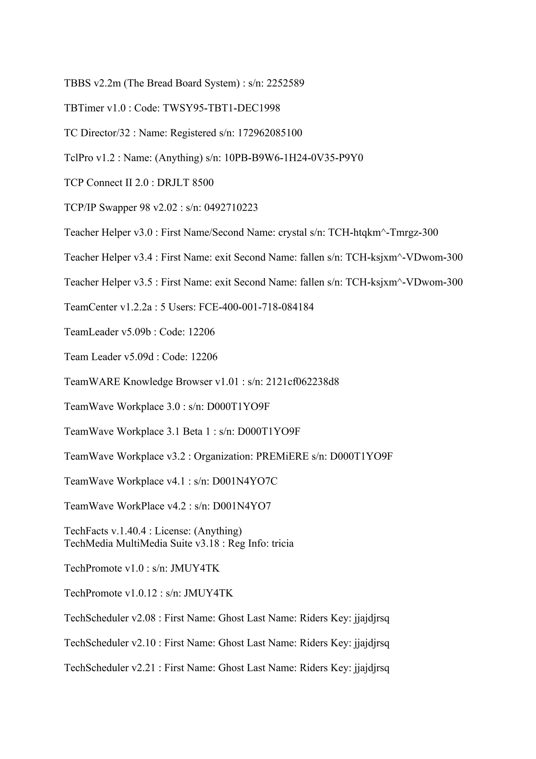 TBBS v2.2m (The Bread Board System) : s/n: 2252589

TBTimer v1.0 : Code: TWSY95-TBT1-DEC1998

TC Director/32 : Name: Registered s/n: 172962085100

TclPro v1.2 : Name: (Anything) s/n: 10PB-B9W6-1H24-0V35-P9Y0

TCP Connect II 2.0 : DRJLT 8500

TCP/IP Swapper 98 v2.02 : s/n: 0492710223

Teacher Helper v3.0 : First Name/Second Name: crystal s/n: TCH-htqkm^-Tmrgz-300

Teacher Helper v3.4 : First Name: exit Second Name: fallen s/n: TCH-ksjxm^-VDwom-300

Teacher Helper v3.5 : First Name: exit Second Name: fallen s/n: TCH-ksjxm^-VDwom-300

TeamCenter v1.2.2a : 5 Users: FCE-400-001-718-084184

TeamLeader v5.09b : Code: 12206

Team Leader v5.09d : Code: 12206

TeamWARE Knowledge Browser v1.01 : s/n: 2121cf062238d8

TeamWave Workplace 3.0 : s/n: D000T1YO9F

TeamWave Workplace 3.1 Beta 1 : s/n: D000T1YO9F

TeamWave Workplace v3.2 : Organization: PREMiERE s/n: D000T1YO9F

TeamWave Workplace v4.1 : s/n: D001N4YO7C

TeamWave WorkPlace v4.2 : s/n: D001N4YO7

TechFacts v.1.40.4 : License: (Anything)
TechMedia MultiMedia Suite v3.18 : Reg Info: tricia

TechPromote v1.0 : s/n: JMUY4TK

TechPromote v1.0.12 : s/n: JMUY4TK

TechScheduler v2.08 : First Name: Ghost Last Name: Riders Key: jjajdjrsq

TechScheduler v2.10 : First Name: Ghost Last Name: Riders Key: jjajdjrsq

TechScheduler v2.21 : First Name: Ghost Last Name: Riders Key: jjajdjrsq
 