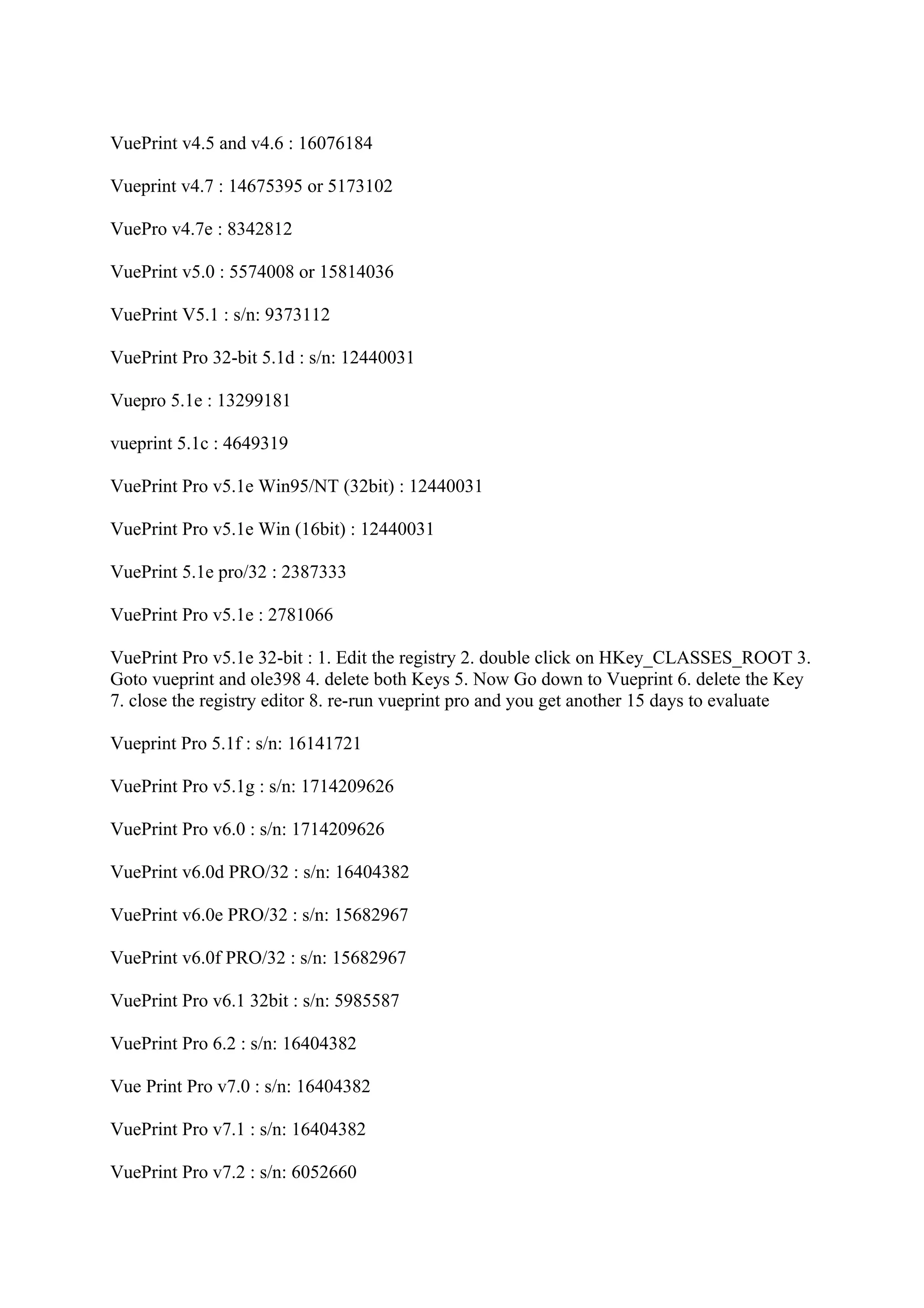 VuePrint v4.5 and v4.6 : 16076184

Vueprint v4.7 : 14675395 or 5173102

VuePro v4.7e : 8342812

VuePrint v5.0 : 5574008 or 15814036

VuePrint V5.1 : s/n: 9373112

VuePrint Pro 32-bit 5.1d : s/n: 12440031

Vuepro 5.1e : 13299181

vueprint 5.1c : 4649319

VuePrint Pro v5.1e Win95/NT (32bit) : 12440031

VuePrint Pro v5.1e Win (16bit) : 12440031

VuePrint 5.1e pro/32 : 2387333

VuePrint Pro v5.1e : 2781066

VuePrint Pro v5.1e 32-bit : 1. Edit the registry 2. double click on HKey_CLASSES_ROOT 3.
Goto vueprint and ole398 4. delete both Keys 5. Now Go down to Vueprint 6. delete the Key
7. close the registry editor 8. re-run vueprint pro and you get another 15 days to evaluate

Vueprint Pro 5.1f : s/n: 16141721

VuePrint Pro v5.1g : s/n: 1714209626

VuePrint Pro v6.0 : s/n: 1714209626

VuePrint v6.0d PRO/32 : s/n: 16404382

VuePrint v6.0e PRO/32 : s/n: 15682967

VuePrint v6.0f PRO/32 : s/n: 15682967

VuePrint Pro v6.1 32bit : s/n: 5985587

VuePrint Pro 6.2 : s/n: 16404382

Vue Print Pro v7.0 : s/n: 16404382

VuePrint Pro v7.1 : s/n: 16404382

VuePrint Pro v7.2 : s/n: 6052660
 