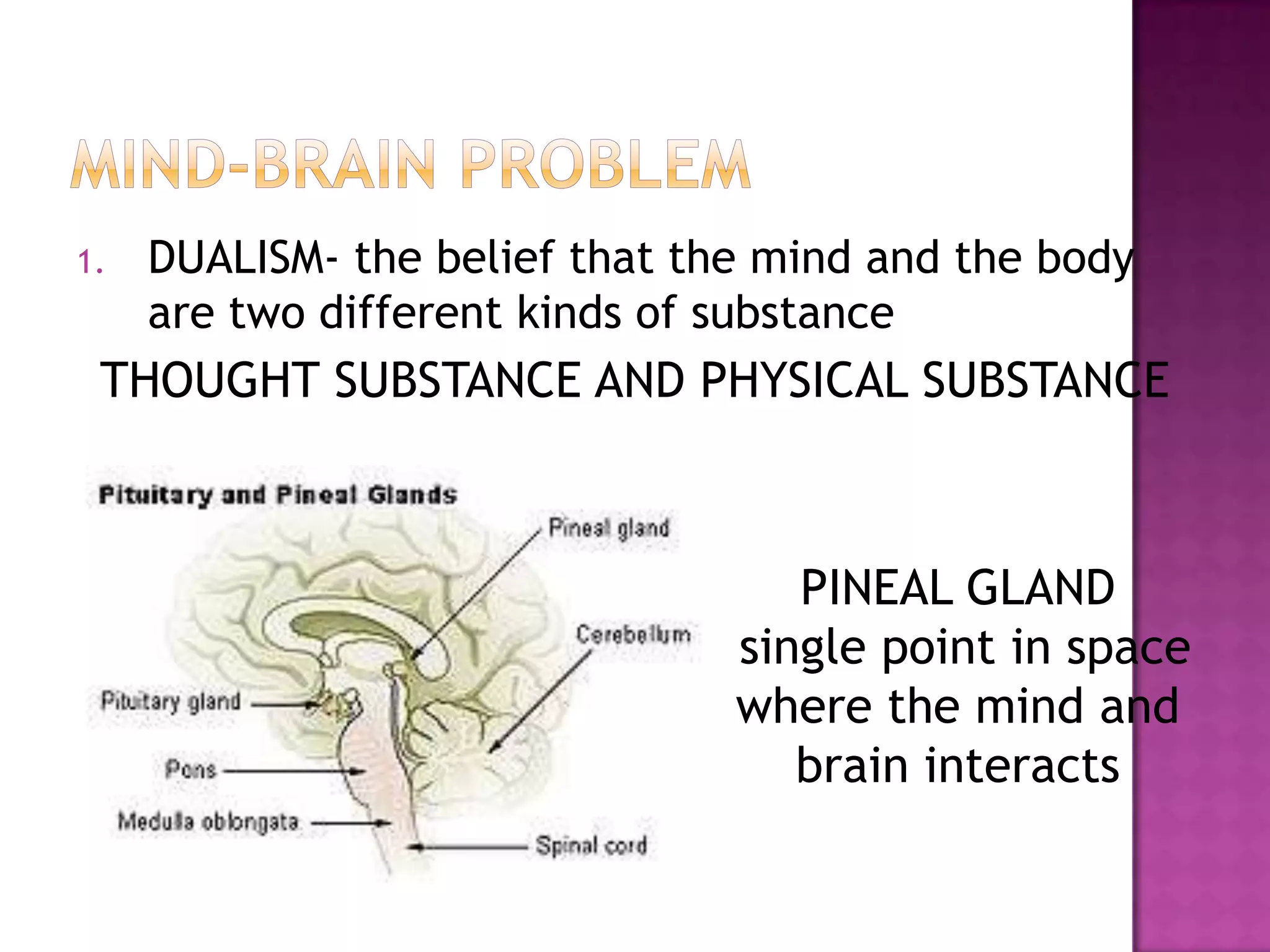 1.   DUALISM- the belief that the mind and the body
     are two different kinds of substance
 THOUGHT SUBSTANCE AND PHYSICAL SUBSTANCE



                                   PINEAL GLAND
                                single point in space
                                where the mind and
                                   brain interacts
 