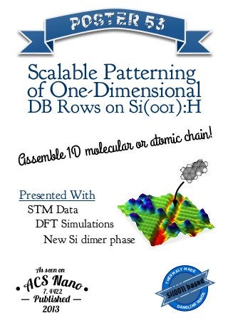 Scalable Patterning
of One-Dimensional
Assemble 1D molecular or atomic chain!
Ther
maly made
Dangling
b
onds
�� see� o�
7, 4422
Publ�he�
�CS Nan�
2013
DB Rows on Si(001):H
Presented With
STM Data
DFT Simulations
New Si dimer phase
 