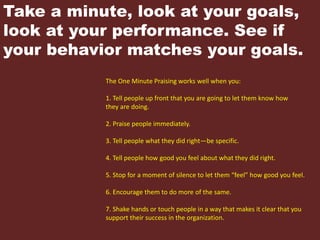 Take a minute, look at your goals,
look at your performance. See if
your behavior matches your goals.
The One Minute Praising works well when you:
1. Tell people up front that you are going to let them know how
they are doing.
2. Praise people immediately.
3. Tell people what they did right—be specific.
4. Tell people how good you feel about what they did right.
5. Stop for a moment of silence to let them “feel” how good you feel.
6. Encourage them to do more of the same.
7. Shake hands or touch people in a way that makes it clear that you
support their success in the organization.
 