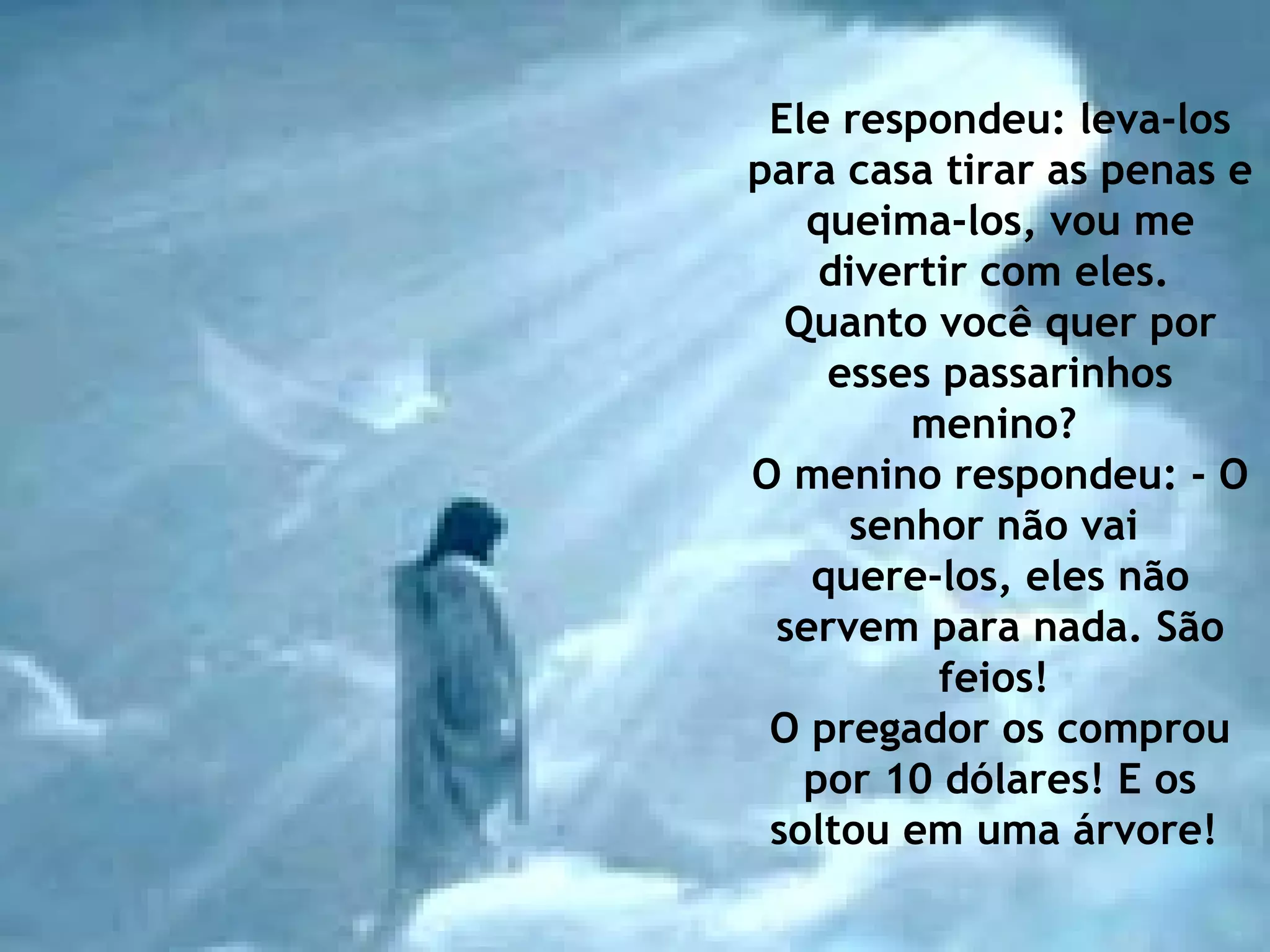 Ele respondeu: leva-los para casa tirar as penas e queima-los, vou me divertir com eles.  Quanto você quer por esses passarinhos menino?  O menino respondeu: - O senhor não vai  quere-los, eles não servem para nada. São feios!  O pregador os comprou por 10 dólares! E os soltou em uma árvore!  