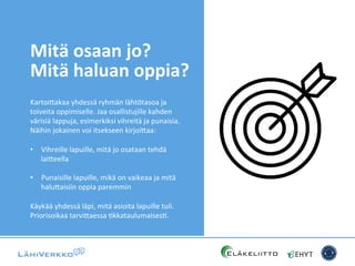 Mitä	
  osaan	
  jo?	
  
Mitä	
  haluan	
  oppia?	
  
Kartoi*akaa	
  yhdessä	
  ryhmän	
  lähtötasoa	
  ja	
  
toiveita	
  oppimiselle.	
  Jaa	
  osallistujille	
  kahden	
  
värisiä	
  lappuja,	
  esimerkiksi	
  vihreitä	
  ja	
  punaisia.	
  	
  
Näihin	
  jokainen	
  voi	
  itsekseen	
  kirjoi*aa:	
  	
  
	
  
•  Vihreille	
  lapuille,	
  mitä	
  jo	
  osataan	
  tehdä	
  
lai*eella	
  
•  Punaisille	
  lapuille,	
  mikä	
  on	
  vaikeaa	
  ja	
  mitä	
  
halu*aisiin	
  oppia	
  paremmin	
  
	
  
Käykää	
  yhdessä	
  läpi,	
  mitä	
  asioita	
  lapuille	
  tuli.	
  
Priorisoikaa	
  tarvi*aessa	
  CkkataulumaisesC.	
  	
  
 