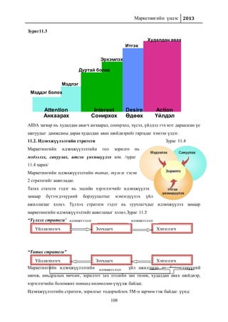 Маркетингийн үндэс 2013
108
Зураг11.3
AIDA загвар нь худалдан авагч анхаарал, сонирхол, хүсэл, үйлдэл гэх мэт дараалсан үе
шатуудыг дамжсаны дараа худалдан авах шийдвэрийг гаргадаг хэмээн үздэг.
11.2. Идэвхжүүлэлтийн стратеги Зураг 11.4
Маркетингийн идэвхжүүлэлтийн гол зорилго нь
мэдээлэх, сануулах, итгэн үнэмшүүлэх юм. /зураг
11.4 харах/
Маркетингийн идэвхжүүлэлтийн татах, түлхэх гэсэн
2 стратегийг ашигладаг.
Татах статеги гэдэг нь эцсийн хэрэглэгчийг идэвхжүүлэх
замаар бүтээгдэхүүний борлуулалтыг нэмэгдүүлэх үйл
ажиллагааг хэлнэ. Түлхэх стратеги гэдэг нь зуучлагчдыг идэвхжүүлэх замаар
маркетингийн идэвхжүүлэлтийг ашиглахыг хэлнэ.Зураг 11.5
“Түлхэх стратеги”
“Татах стратеги”
Маркетингийн идэвхжүүлэлтийн иж бүрдлийн үйл ажиллагаа нь бүтээгдэхүүний
шинж, амьдралын мөчлөг, зорилтот зах зээлийн зан төлөв, худалдан авах шийдвэр,
хэрэглэгчийн боломжит нөөцөд нөлөөллөө үзүүлж байдаг.
Идэвхжүүлэлтийн стратеги, зорилгыг тодорхойлох 5М-н зарчим гэж байдаг. үүнд:
Attention
Анхаарах
Interest
Сонирхох
Desire
Өдөөх
Action
Үйлдэл
Мэддэг болох
Мэдлэг
Дуртай болох
Эрхэмлэх
Итгэх
Худалдан авах
Үйлдвэрлэгч Зуучлагч Хэрэглэгч
Үйлдвэрлэгч Зуучлагч Хэрэглэгч
идэвхжүүлэлт идэвхжүүлэлт
идэвхжүүлэлт
 