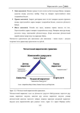 Маркетингийн үндэс 2013
115
 Хайх шинжтэй. Машин хувцас гэх мэт ихэнх нь бүтээгдэхүүн байдаг, чанарын
судалгаа өндөр, үнэлэхэд хялбар. Учир нь чанарыг хэрэглэхийнхээ өмнө
тодорхойлж болдог.
 Турших шинжтэй. Амралт, рестораны хоол гэх мэт чанарын дадлага туршлага
өндөр, хэрэглэснийхээ дараа чанарыг тодорхойлж болдог, ихэвчлэн үйлчилгээ
байдаг.
 Итгэх шинжтэй. Олгойн мэс засал, машины тормос шалгах гэх мэт.
Хэрэглэснийхээ дараа ч чанарыг тодорхойлоход хэцүү. Чанарын шалгуур өндөр,
үнэлэхэд хэцүү, мэргэжлийн үйлчилгээнүүд. Дээрх ангиллаас үйлчилгээний
өөрийн шинж чанар илүү тод харагдаж байна.
Үйлчилгээг сурталчилах үйл ажиллагааг: үйл ажиллагаа - танин мэдэх - догдлол
мэдрэмж гэсэн дарааллаар сурталчилах нь зүйтэй.
Зураг 12.1 Үйлчилгээний маркетингийн гурвалжин.
Үйлчилгээний маркетинг гэдэг нь үйлчилгээг үзүүлэгч байгууллагаас хэрэглэгч рүү
гадаад маркетинг явуулах, ажилтан руу дотоод маркетинг явуулах улмаар
үйлчилгээний ажилтан хэрэглэгч хоёрын хооронд харилцан уялдаатай маркетинг
явуулах цогц маркетингийн арга ухааныг хэлнэ. /зураг 12.1 харах/ Өөрөөр хэлбэл
 