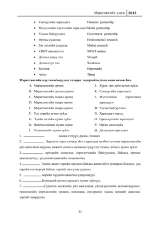 Маркетингийн үндэс 2013
31
 Санхүүгийн харилцагч Financial partnership
 Мэдээллийн хэрэгслийн харилцагчMedia partnership
 Улсын байгууллага Government partnership
 Орчны судалгаа Environmental research
 Зах зээлийн судалгаа Market research
 СВОТ шинжилгээ SWOT analyse
 Дотоод давуу тал Strength
 Дотоод сул тал Weakness
 Боломж Opportunity
 Аюул Threat
Маркетингийн нэр томъёонуудыг тохирох тодорхойлолтын өмнө нөхөж бич.
A. Маркетингийн орчин
B. Маркетингийн дотоод орчин
C. Маркетингийн гадаад орчин
D. Маркетингийн макро орчин
E. Маркетингийн микро орчин
F. Улс төрийн хүчин зүйлс
G. Эдийн засгийн хүчин зүйлс
H. Нийгэм соёлын хүчин зүйлс
I. Технологийн хүчин зүйлс
J. Хууль эрх зүйн хүчин зүйлс
K. Санхүүгийн харилцагч
L. Мэдээллийн хэрэгслийн
харилцагч
M. Улсын байгууллага
N. Харилцагч иргэд
O. Орон нутгийн харилцагч
P. Өргөн олон нийт
Q. Дотоодын харилцагч
1. сонин сэтгүүл, радио, телевиз
2. Зорилтот хэрэглэгчидтэйгээ харилцаа холбоо тогтоон маркетингийн
үйл ажиллагаа явуулан амжилт олоход нөлөөлөл үзүүлдэг гадаад дотоод хүчин зүйлс
3. иргэдийн төлөөлөл, хэрэглэгчдийн байгууллага, байгаль орчныг
хамгаалагчид, үндэсний цөөнхийн төлөөлөгчид
4. Эдийн засагт төрийн оролцох байдал жишээлбэл татварын бодлого, улс
төрийн тогтворгүй байдаг зэргийг авч үзэж судална.
5. өөрийн пүүсийн ажилчид удирдлагууд
6. Компаний дотоод хувьсагч хүчин зүйлүүд
7. Судалгаа хөгжлийн үйл ажиллагаа, үйлдвэрлэлийн автоматжуулалт,
технологийн өөрчлөлтийн түвшин, инноваци, аутсорсинг /гадны нөөцийг ашиглах/
зэргийг хамруулна.
 