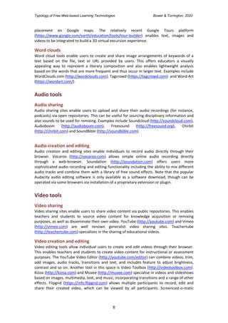 Typology of Free Web-based Learning Technologies Bower & Torrington, 2020
6
placement on Google maps. The relatively recent Google Tours platform
(https://www.google.com/earth/education/tools/tour-builder) enables text, images and
videos to be integrated to build a 3D virtual excursion experience.
Word clouds
Word cloud tools enable users to create and share image arrangements of keywords of a
text based on the file, text or URL provided by users. This offers educators a visually
appealing way to represent a literary composition and also enables lightweight analysis
based on the words that are more frequent and thus occur in larger text. Examples include
WordClouds.com (http://wordclouds.com), Tagcrowd (https://tagcrowd.com) and Word Art
(https://wordart.com/).
Audio tools
Audio sharing
Audio sharing sites enable users to upload and share their audio recordings (for instance,
podcasts) via open repositories. This can be useful for sourcing disciplinary information and
also sounds to be used for remixing. Examples include Soundcloud (http://soundcloud.com),
Audioboom (http://audioboom.com), Freesound (http://freesound.org), Chirbit
(http://chirbit.com) and SoundBible (http://soundbible.com).
Audio creation and editing
Audio creation and editing sites enable individuals to record audio directly through their
browser. Vocaroo (http://vocaroo.com) allows simple online audio recording directly
through a web-browser. Soundation (http://soundation.com) offers users more
sophisticated audio recording and editing functionality including the ability to mix different
audio tracks and combine them with a library of free sound effects. Note that the popular
Audacity audio editing software is only available as a software download, though can be
operated via some browsers via installation of a proprietary extension or plugin.
Video tools
Video sharing
Video sharing sites enable users to share video content via public repositories. This enables
teachers and students to source video content for knowledge acquisition or remixing
purposes, as well as disseminate their own video. YouTube (http://youtube.com) and Vimeo
(http://vimeo.com) are well renown generalist video sharing sites. Teachertube
(http://teachertube.com) specializes in the sharing of educational videos.
Video creation and editing
Video editing tools allow individual users to create and edit videos through their browser.
This enables teachers and students to create video content for instructional or assessment
purposes. The YouTube Video Editor (http://youtube.com/editor) can combine videos, trim,
add images, audio tracks, transitions and text, and includes feature to adjust brightness,
contrast and so on. Another tool in this space is Video Toolbox (http://videotoolbox.com).
Kizoa (http://kizoa.com) and Muvee (http://muvee.com) specialise in videos and slideshows
based on images, multimedia, text, and music, incorporating transitions and a range of other
effects. Flipgrid (https://info.flipgrid.com) allows multiple participants to record, edit and
share their created video, which can be viewed by all participants. Screencast-o-matic
 