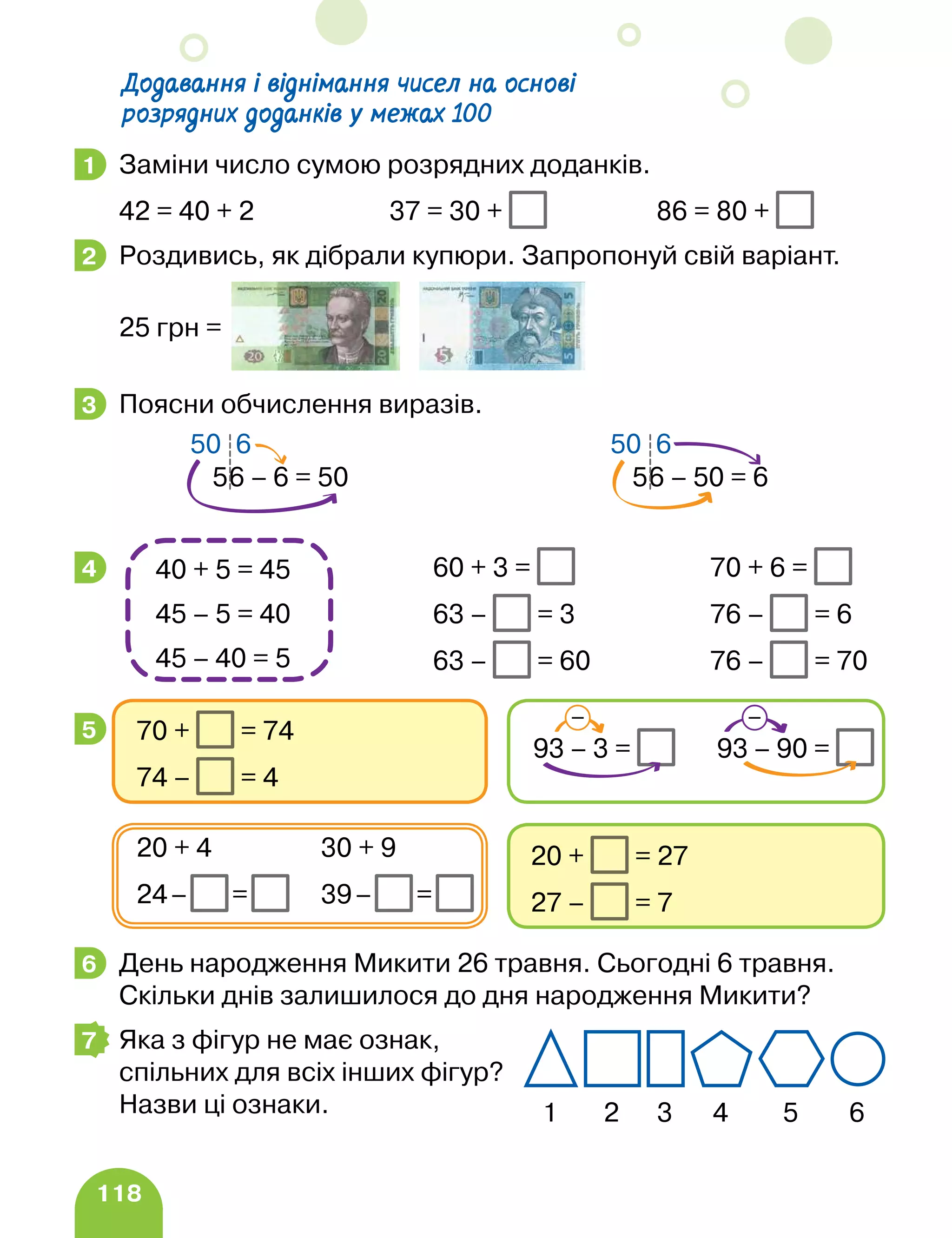 118
Додавання і віднімання чисел на основі
розрядних доданків у межах 100
Заміни число сумою розрядних доданків.
42 = 40 + 2 37 = 30 + 86 = 80 +
Роздивись, як дібрали купюри. Запропонуй свій варіант.
25 грн =
Поясни обчислення виразів.
		 60 + 3 = 70 + 6 =
		 63 – = 3 76 – = 6
		 63 – = 60 76 – = 70
День народження Микити 26 травня. Сьогодні 6 травня.
Скільки днів залишилося до дня народження Микити?
Яка з фігур не має ознак,
спільних для всіх інших фігур?
Назви ці ознаки.
1
2
3
56 – 50 = 6
50 6
56 – 6 = 50
50 6
4 40 + 5 = 45
45 – 5 = 40
45 – 40 = 5
5
20 + = 27
27 – = 7
20 + 4 30 + 9
24– = 39– =
70 + = 74
74 – = 4
93 – 3 =
–
93 – 90 =
–
6
7
1 4
3
2 5 6
 