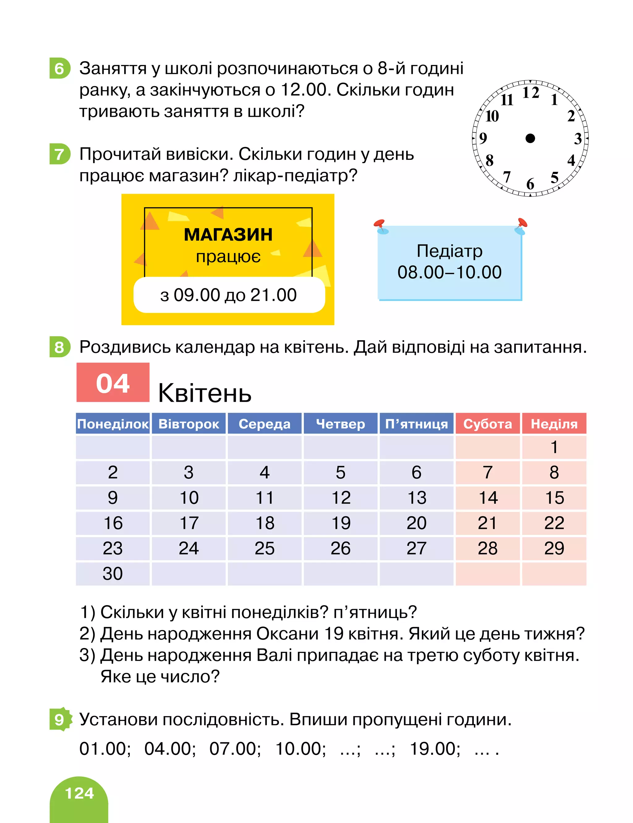 124
Заняття у школі розпочинаються о 8-й годині
ранку, а закінчуються о 12.00. Скільки годин
тривають заняття в школі?
Прочитай вивіски. Скільки годин у день
працює магазин? лікар-педіатр?
Роздивись календар на квітень. Дай відповіді на запитання.
1) Скільки у квітні понеділків? п’ятниць?
2) День народження Оксани 19 квітня. Який це день тижня?
3) День народження Валі припадає на третю суботу квітня.
		 Яке це число?
Установи послідовність. Впиши пропущені години.
01.00; 04.00; 07.00; 10.00; …; …; 19.00; … .
6
7
Педіатр
08.00–10.00
МАГАЗИН
працює
з 09.00 до 21.00
8
Понеділок Вівторок Середа Четвер П’ятниця Субота Неділя
1
2 3 4 5 6 7 8
9 10 11 12 13 14 15
16 17 18 19 20 21 22
23 24 25 26 27 28 29
30
04 Квітень
9
 
