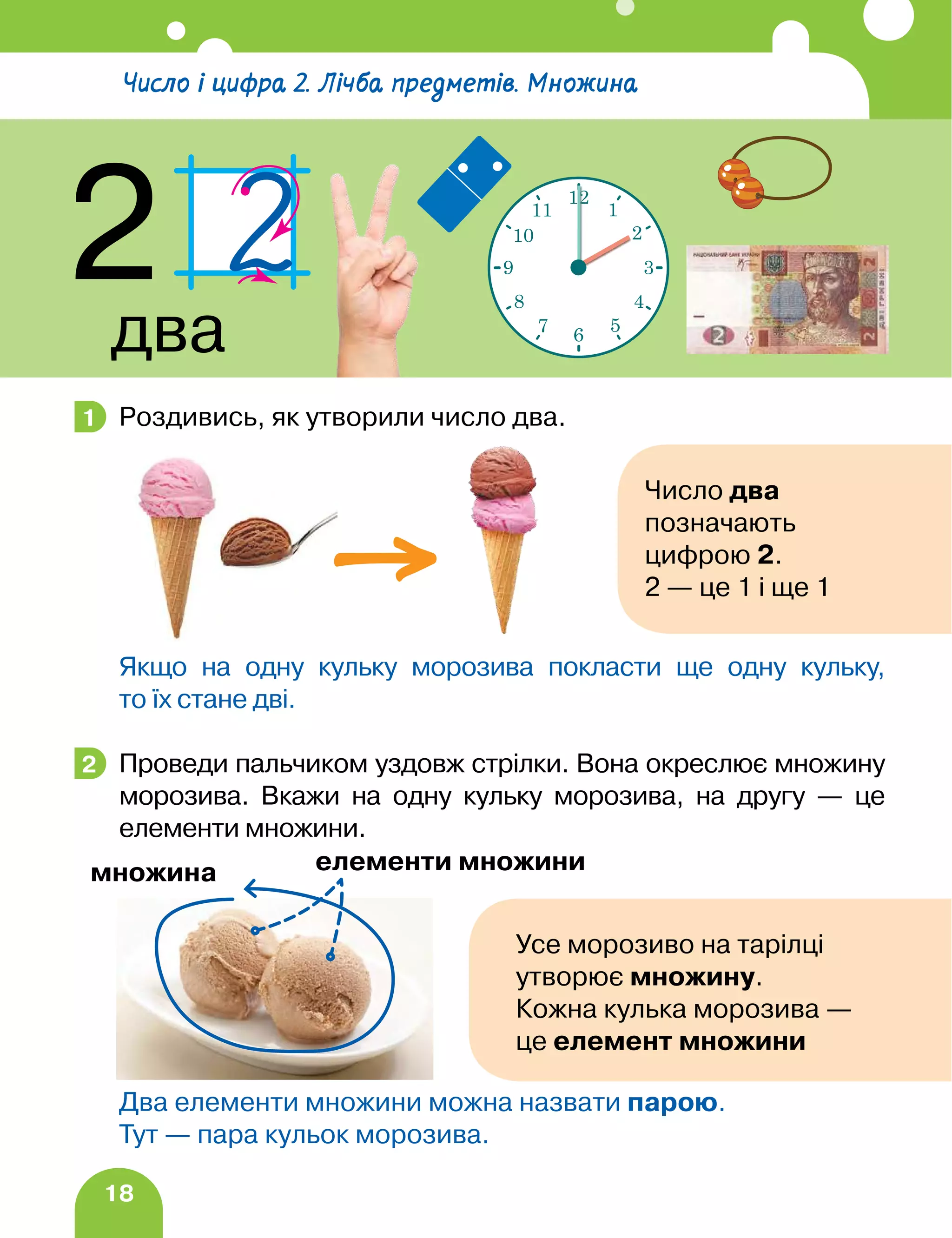18
Число і цифра 2. Лічба предметів. Множина
2
два
Роздивись, як утворили число два.
Якщо на одну кульку морозива покласти ще одну кульку,
то їх стане дві.
Проведи пальчиком уздовж стрілки. Вона окреслює множину
морозива. Вкажи на одну кульку морозива, на другу — це
елементи множини.
Два елементи множини можна назвати парою.
Тут — пара кульок морозива.
1
2
12
1
2
3
4
5
6
7
8
9
10
11
Число два
позначають
цифрою 2.
2 — це 1 і ще 1
Усе морозиво на тарілці
утворює множину.
Кожна кулька морозива —
це елемент множини
множина елементи множини
 