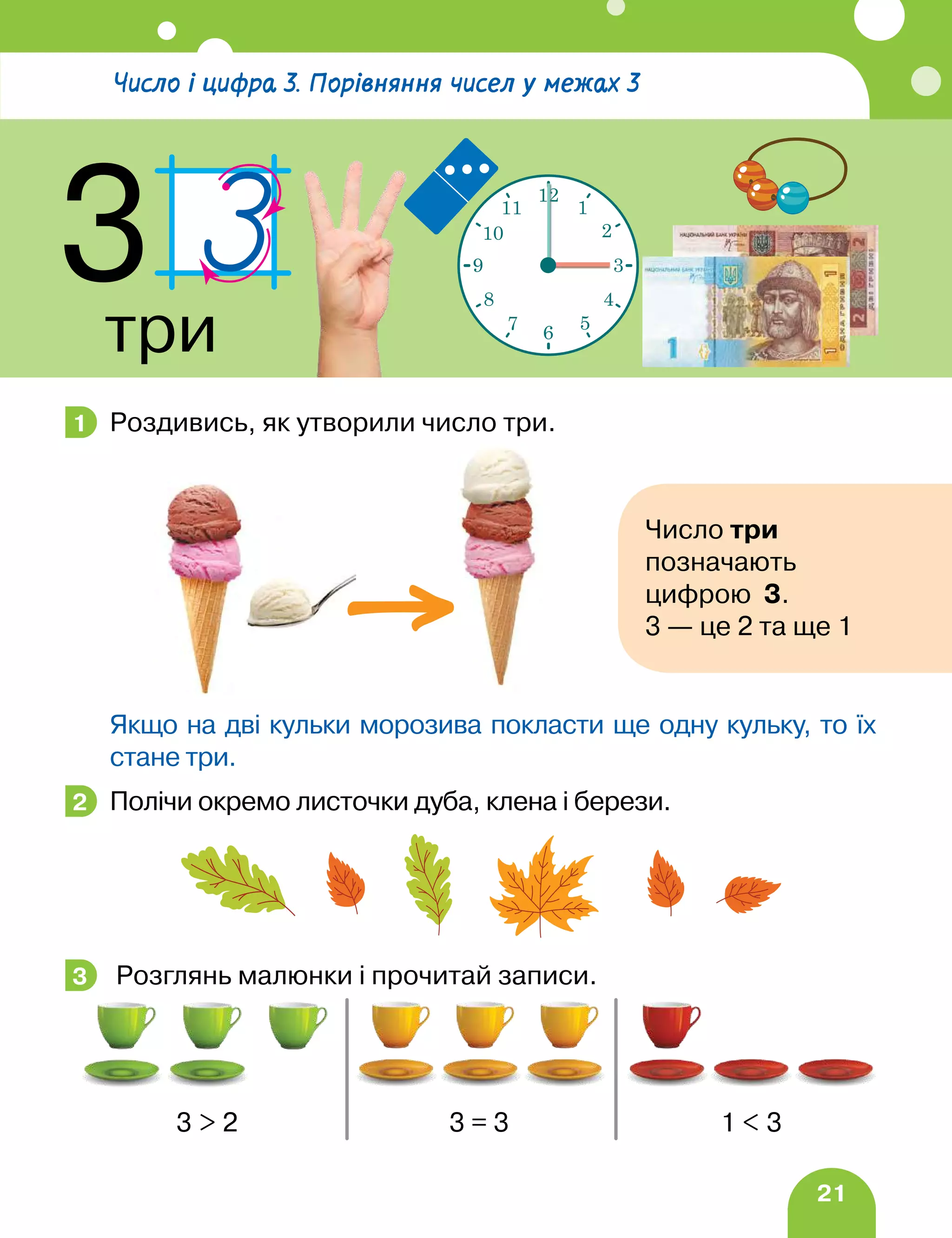 21
Роздивись, як утворили число три.
Якщо на дві кульки морозива покласти ще одну кульку, то їх
стане три.
Полічи окремо листочки дуба, клена і берези.
Розглянь малюнки і прочитай записи.
		 3  2 3 = 3 1  3
1
2
3
Число і цифра 3. Порівняння чисел у межах 3
3
три
12
1
2
3
4
5
6
7
8
9
10
11
Число три
позначають
цифрою 3.
3 — це 2 та ще 1
 