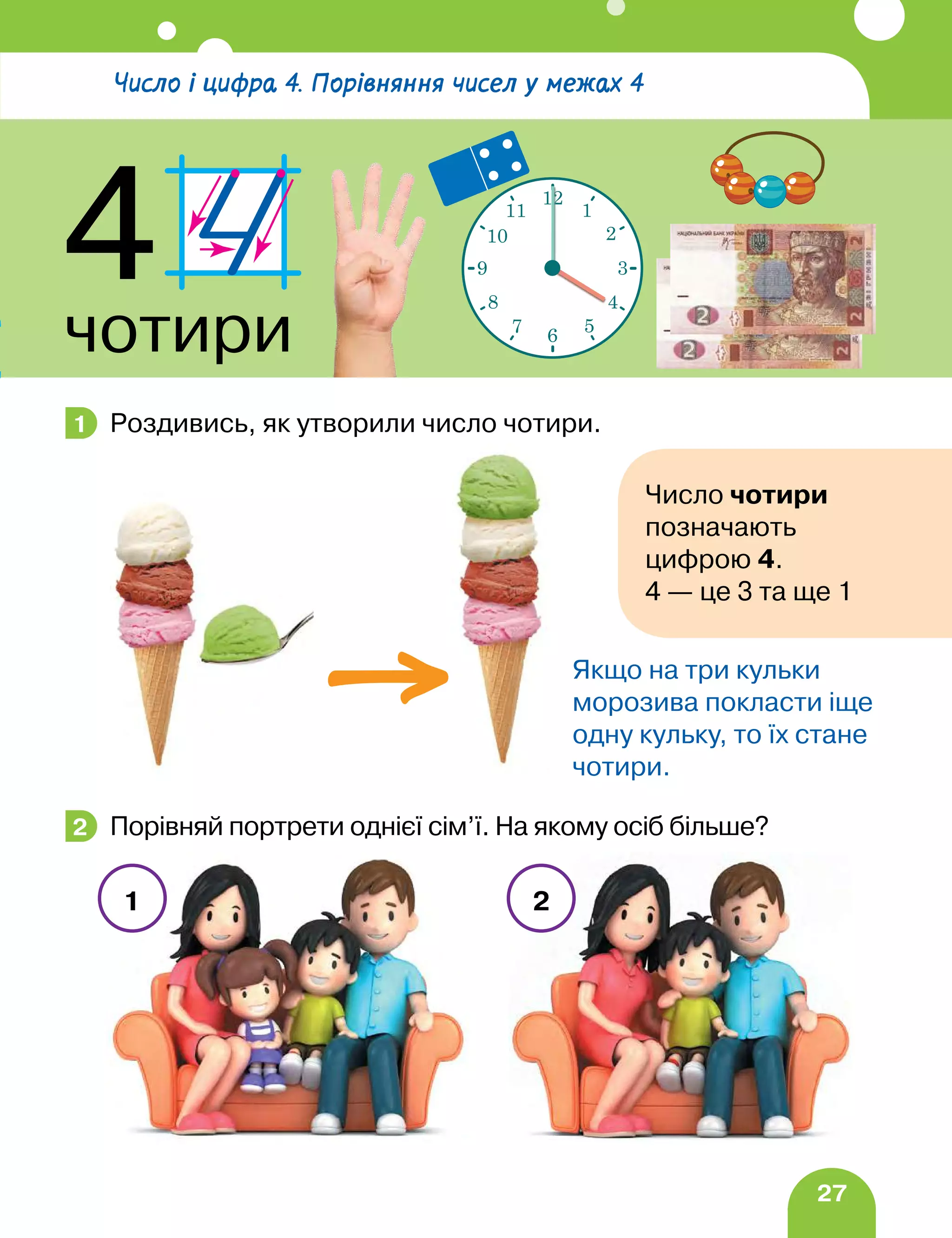 27
Роздивись, як утворили число чотири.
Порівняй портрети однієї сім’ї. На якому осіб більше?
1
Якщо на три кульки
морозива покласти іще
одну кульку, то їх стане
чотири.
2
1 2
Число і цифра 4. Порівняння чисел у межах 4
4
чотири
12
1
2
3
4
5
6
7
8
9
10
11
Число чотири
позначають
цифрою 4.
4 — це 3 та ще 1
 