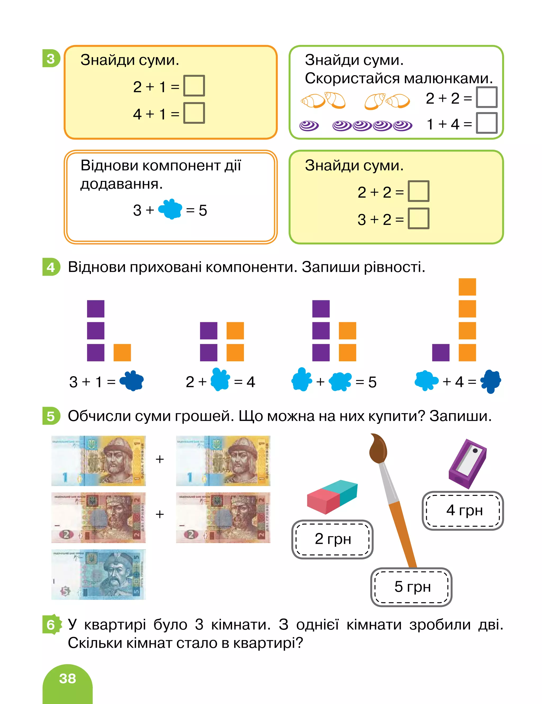 38
Віднови приховані компоненти. Запиши рівності.
Обчисли суми грошей. Що можна на них купити? Запиши.
У квартирі було 3 кімнати. З однієї кімнати зробили дві.
Скільки кімнат стало в квартирі?
3 Знайди суми.
			 2 + 1 =
			 4 + 1 =
Знайди суми.
Скористайся малюнками.
2 + 2 =
1 + 4 =
Знайди суми.
			 2 + 2 =
			 3 + 2 =
Віднови компонент дії
додавання.
		 3 + = 5
4
3 + 1 = 2 + = 4 + = 5 + 4 =
5
+
+
2 грн
4 грн
5 грн
6
 
