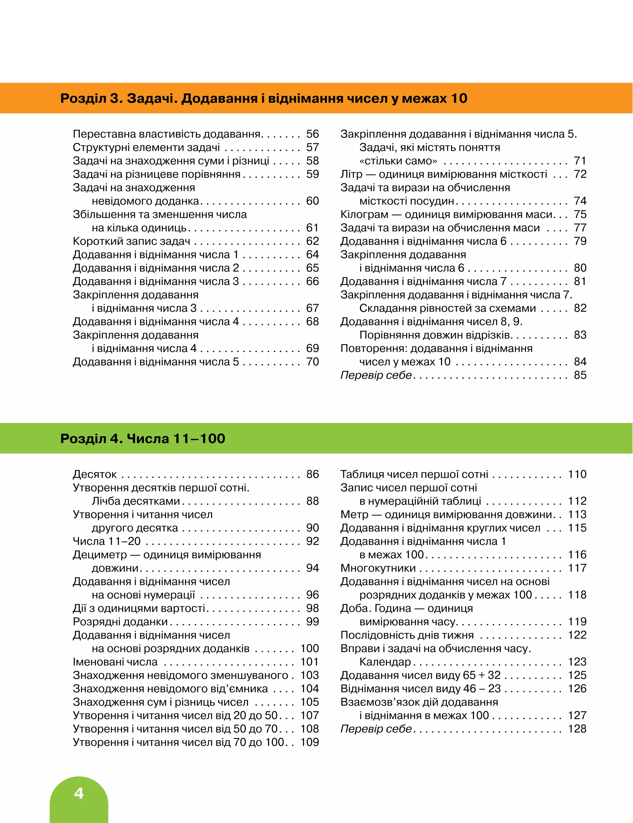 4
Розділ 3. Задачі. Додавання і віднімання чисел у межах 10
Переставна властивість додавання. . . . . . . 56
Структурні елементи задачі. . . . . . . . . . . . . . 57
Задачі на знаходження суми і різниці. . . . . . 58
Задачі на різницеве порівняння. . . . . . . . . . . 59
Задачі на знаходження
невідомого доданка. . . . . . . . . . . . . . . . . . 60
Збільшення та зменшення числа
на кілька одиниць. . . . . . . . . . . . . . . . . . . . 61
Короткий запис задач. . . . . . . . . . . . . . . . . . . 62
Додавання і віднімання числа 1. . . . . . . . . . . 64
Додавання і віднімання числа 2. . . . . . . . . . . 65
Додавання і віднімання числа 3. . . . . . . . . . . 66
Закріплення додавання
і віднімання числа 3. . . . . . . . . . . . . . . . . . 67
Додавання і віднімання числа 4. . . . . . . . . . . 68
Закріплення додавання
і віднімання числа 4. . . . . . . . . . . . . . . . . . 69
Додавання і віднімання числа 5. . . . . . . . . . . 70
Закріплення додавання і віднімання числа 5.
Задачі, які містять поняття
«стільки само» . . . . . . . . . . . . . . . . . . . . . . 71
Літр — одиниця вимірювання місткості . . . . 72
Задачі та вирази на обчислення
місткості посудин. . . . . . . . . . . . . . . . . . . . 74
Кілограм — одиниця вимірювання маси. . . 75
Задачі та вирази на обчислення маси . . . . . 77
Додавання і віднімання числа 6. . . . . . . . . . . 79
Закріплення додавання
і віднімання числа 6. . . . . . . . . . . . . . . . . . 80
Додавання і віднімання числа 7. . . . . . . . . . . 81
Закріплення додавання і віднімання числа 7.
Складання рівностей за схемами. . . . . . 82
Додавання і віднімання чисел 8, 9.
Порівняння довжин відрізків. . . . . . . . . . 83
Повторення: додавання і віднімання
чисел у межах 10 . . . . . . . . . . . . . . . . . . . . 84
Перевір себе. . . . . . . . . . . . . . . . . . . . . . . . . . . 85
Розділ 4. Числа 11–100
Десяток. . . . . . . . . . . . . . . . . . . . . . . . . . . . . . . 86
Утворення десятків першої сотні.
Лічба десятками. . . . . . . . . . . . . . . . . . . . . 88
Утворення і читання чисел
другого десятка. . . . . . . . . . . . . . . . . . . . . 90
Числа 11–20 . . . . . . . . . . . . . . . . . . . . . . . . . . . 92
Дециметр — одиниця вимірювання
довжини. . . . . . . . . . . . . . . . . . . . . . . . . . . . 94
Додавання і віднімання чисел
на основі нумерації . . . . . . . . . . . . . . . . . . 96
Дії з одиницями вартості. . . . . . . . . . . . . . . . . 98
Розрядні доданки. . . . . . . . . . . . . . . . . . . . . . . 99
Додавання і віднімання чисел
на основі розрядних доданків . . . . . . . . 100
Іменовані числа . . . . . . . . . . . . . . . . . . . . . . . 101
Знаходження невідомого зменшуваного. . 103
Знаходження невідомого від’ємника . . . . . 104
Знаходження сум і різниць чисел . . . . . . . . 105
Утворення і читання чисел від 20 до 50. . . . 107
Утворення і читання чисел від 50 до 70. . . . 108
Утворення і читання чисел від 70 до 100. . . 109
Таблиця чисел першої сотні. . . . . . . . . . . . . 110
Запис чисел першої сотні
в нумераційній таблиці . . . . . . . . . . . . . . 112
Метр — одиниця вимірювання довжини. . . 113
Додавання і віднімання круглих чисел . . . . 115
Додавання і віднімання числа 1
в межах 100. . . . . . . . . . . . . . . . . . . . . . . . 116
Многокутники. . . . . . . . . . . . . . . . . . . . . . . . . 117
Додавання і віднімання чисел на основі
розрядних доданків у межах 100. . . . . . 118
Доба. Година — одиниця
вимірювання часу. . . . . . . . . . . . . . . . . . . 119
Послідовність днів тижня . . . . . . . . . . . . . . . 122
Вправи і задачі на обчислення часу.
Календар. . . . . . . . . . . . . . . . . . . . . . . . . . 123
Додавання чисел виду 65 + 32. . . . . . . . . . . 125
Віднімання чисел виду 46 – 23. . . . . . . . . . . 126
Взаємозв’язок дій додавання
і віднімання в межах 100. . . . . . . . . . . . . 127
Перевір себе. . . . . . . . . . . . . . . . . . . . . . . . . . 128
 