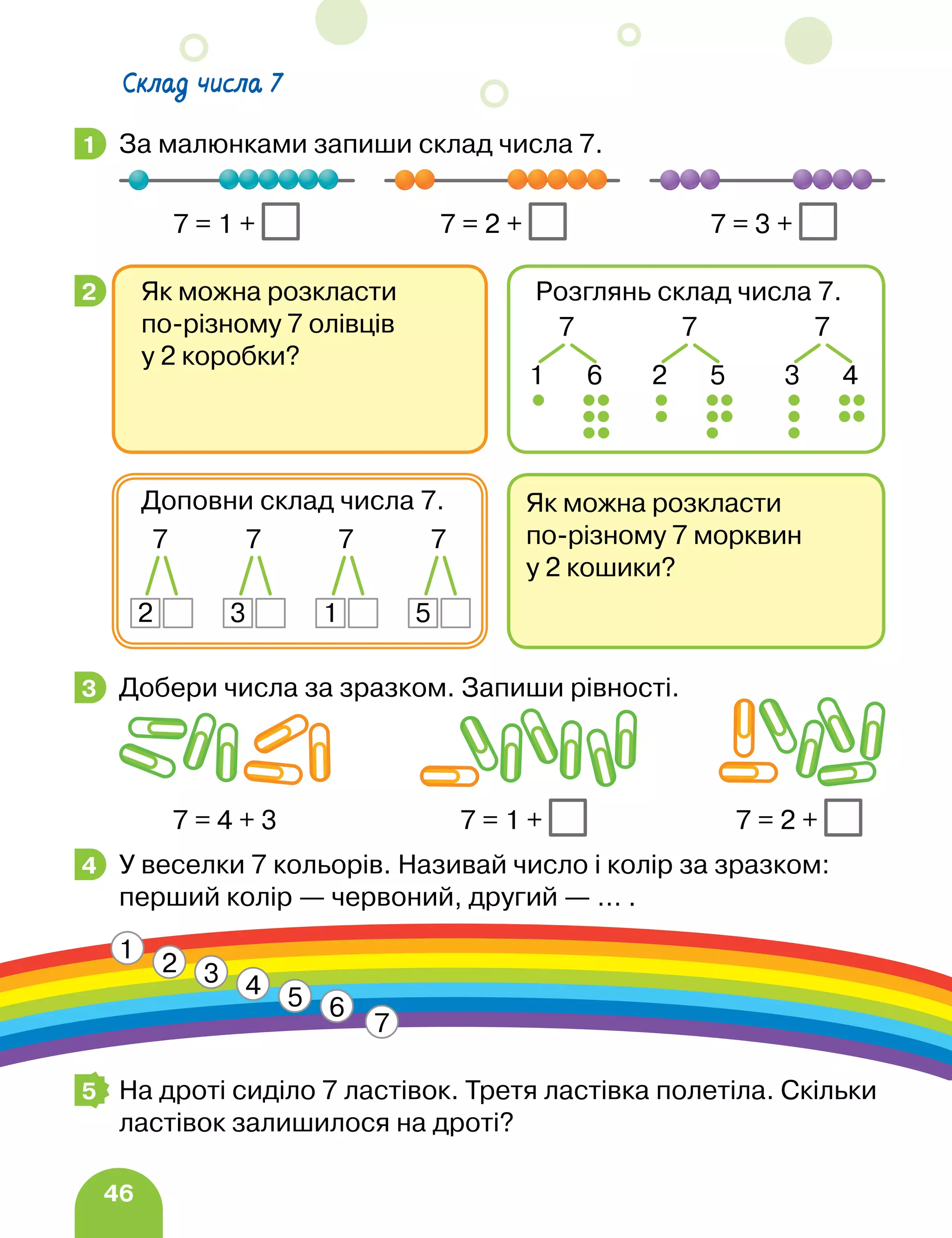 46
За малюнками запиши склад числа 7.
		 7 = 1 + 7 = 2 + 7 = 3 +
Добери числа за зразком. Запиши рівності.
		 7 = 4 + 3 7 = 1 + 7 = 2 +
У веселки 7 кольорів. Називай число і колір за зразком:
перший колір — червоний, другий — … .
На дроті сиділо 7 ластівок. Третя ластівка полетіла. Скільки
ластівок залишилося на дроті?
1
2
3
4
1
2 3 4 5 6
7
5
Склад числа 7
Як можна розкласти
по-різному 7 морквин
у 2 кошики?
Доповни склад числа 7.
7
2
7
3
7
1
7
5
Як можна розкласти
по-різному 7 олівців
у 2 коробки?
Розглянь склад числа 7.
7
2 5
7
1 6
7
3 4
 