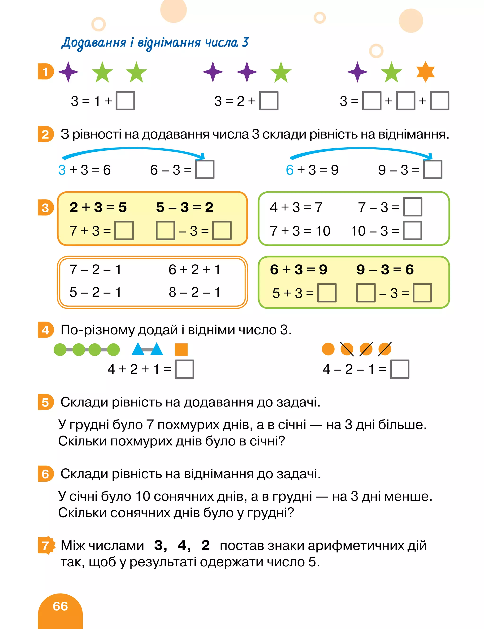 66
Додавання і віднімання числа 3
3 = 1 + 3 = 2 + 3 = + +
З рівності на додавання числа 3 склади рівність на віднімання.
3 + 3 = 6 6 – 3 = 6 + 3 = 9 9 – 3 =
По-різному додай і відніми число 3.
			
			 4 + 2 + 1 = 		 		 4 – 2 – 1 =
Склади рівність на додавання до задачі.
У грудні було 7 похмурих днів, а в січні — на 3 дні більше.
Скільки похмурих днів було в січні?
Склади рівність на віднімання до задачі.
У січні було 10 сонячних днів, а в грудні — на 3 дні менше.
Скільки сонячних днів було у грудні?
Між числами 3, 4, 2 постав знаки арифметичних дій
так, щоб у результаті одержати число 5.
1
2
3
6 + 3 = 9 9 – 3 = 6
5 + 3 = – 3 =
7 – 2 – 1 6 + 2 + 1
5 – 2 – 1 8 – 2 – 1
2 + 3 = 5 5 – 3 = 2
7 + 3 = – 3 =
4 + 3 = 7 7 – 3 =
7 + 3 = 10 10 – 3 =
4
5
8
6
7
 