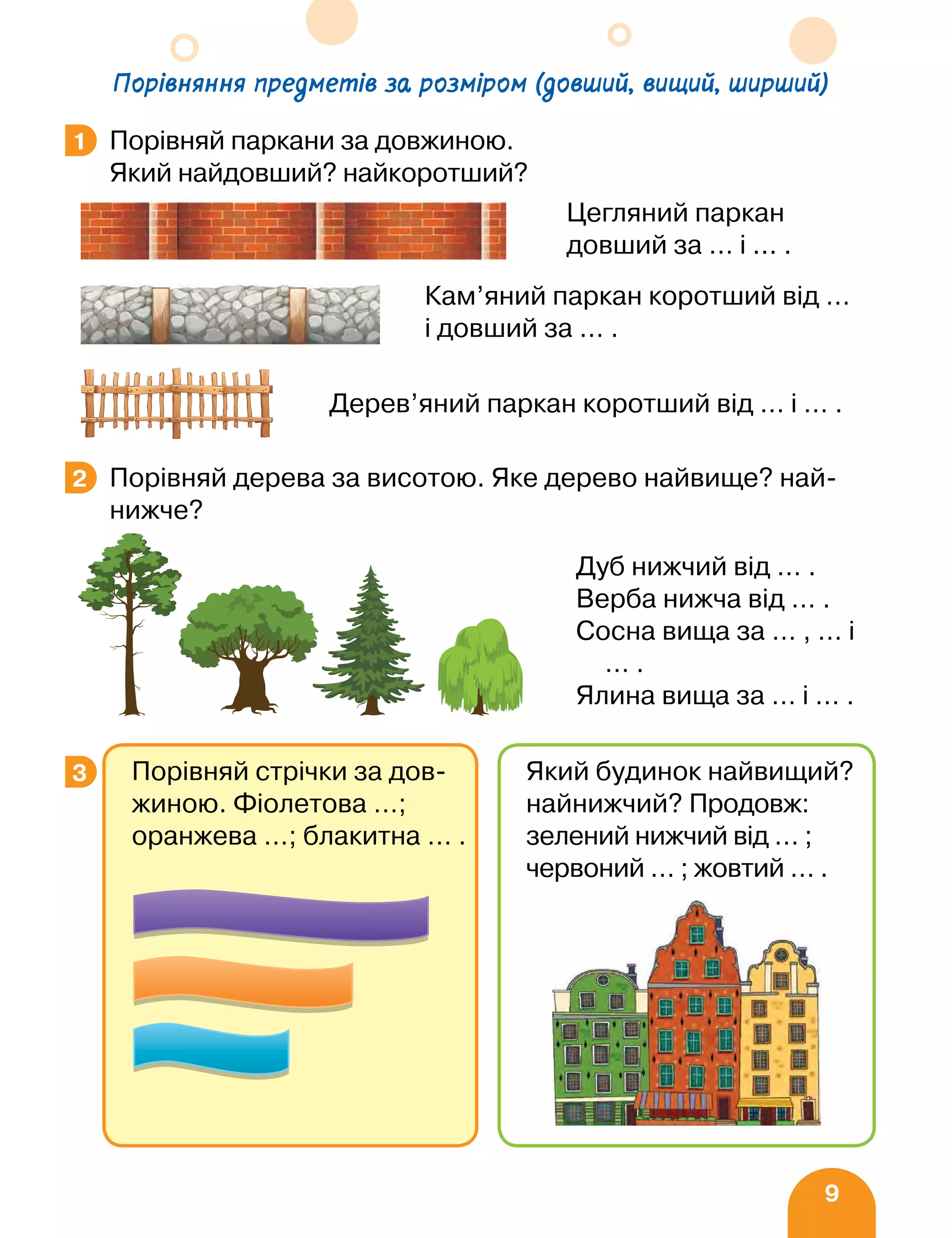 9
Порівняння предметів за розміром (довший, вищий, ширший)
Порівняй паркани за довжиною.
Який найдовший? найкоротший?
Порівняй дерева за висотою. Яке дерево найвище? най-
нижче?
Дуб нижчий від … .
Верба нижча від … .
Сосна вища за … , … і
… .
Ялина вища за … і … .
1
Цегляний паркан
довший за … і ... .
Кам’яний паркан коротший від …
і довший за … .
Дерев’яний паркан коротший від … і … .
2
3 Порівняй стрічки за дов-
жиною. Фіолетова …;
оранжева …; блакитна … .
Який будинок найвищий?
найнижчий? Продовж:
зелений нижчий від … ;
червоний … ; жовтий … .
 