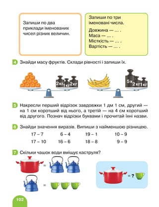 102
Знайди масу фруктів. Склади рівності і запиши їх.
Накресли перший відрізок завдовжки 1 дм 1 см, другий —
на 1 см коротший від нього, а третій — на 4 см коротший
від другого. Познач відрізки буквами і прочитай їхні назви.
Знайди значення виразів. Випиши з найменшою різницею.
		 17 – 7 6 – 4 19 – 1 10 – 9
		 17 – 10 16 – 6 18 – 8 9 – 9
Скільки чашок води вміщує каструля?
4
5
6
7
Запиши по три
іменовані числа.
Довжина — … .
Маса — … .
Місткість — … .
Вартість — … .
Запиши по два
приклади іменованих
чисел різних величин.
=
= ?
=
 