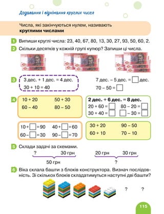 115
Додавання і віднімання круглих чисел
Випиши круглі числа: 23, 40, 67, 80, 13, 30, 27, 93, 50, 60, 2.
Скільки десятків у кожній групі купюр? Запиши ці числа.
		 7 дес. – 5 дес. = дес.
		 70 – 50 =
Склади задачі за схемами.
Віка склала башти з блоків конструктора. Визнач послідов-
ність. Зі скількох блоків складатимуться наступні дві башти?
1
2
3 3 дес. + 1 дес. = 4 дес.
30 + 10 = 40
4
30 + 20 90 – 50
60 + 10 70 – 10
10+ =90 40+ =60
60– =30 90– =70
10 + 20 50 + 30
60 – 40 80 – 50
2 дес. + 6 дес. = 8 дес.
20 + 60 = 80 – 20 =
30 + 40 = – 30 =
5
30 грн
50 грн
? 30 грн
20 грн
?
6
? ?
Числа, які закінчуються нулем, називають
круглими числами
 