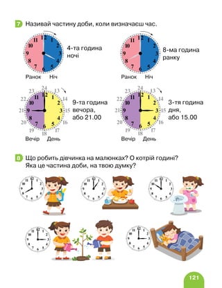 121
Називай частину доби, коли визначаєш час.
Що робить дівчинка на малюнках? О котрій годині?
Яка це частина доби, на твою думку?
7
Ранок Ніч Ранок Ніч
4-та година
ночі
8-ма година
ранку
Вечір День
9-та година
вечора,
або 21.00
Вечір День
3-тя година
дня,
або 15.00
8
 