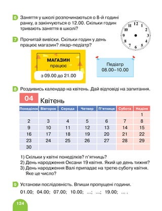 124
Заняття у школі розпочинаються о 8-й годині
ранку, а закінчуються о 12.00. Скільки годин
тривають заняття в школі?
Прочитай вивіски. Скільки годин у день
працює магазин? лікар-педіатр?
Роздивись календар на квітень. Дай відповіді на запитання.
1) Скільки у квітні понеділків? п’ятниць?
2) День народження Оксани 19 квітня. Який це день тижня?
3) День народження Валі припадає на третю суботу квітня.
		 Яке це число?
Установи послідовність. Впиши пропущені години.
01.00; 04.00; 07.00; 10.00; …; …; 19.00; … .
6
7
Педіатр
08.00–10.00
МАГАЗИН
працює
з 09.00 до 21.00
8
Понеділок Вівторок Середа Четвер П’ятниця Субота Неділя
1
2 3 4 5 6 7 8
9 10 11 12 13 14 15
16 17 18 19 20 21 22
23 24 25 26 27 28 29
30
04 Квітень
9
 