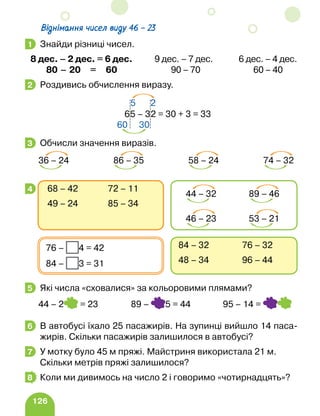 126
Віднімання чисел виду 46 – 23
Знайди різниці чисел.
8 дес. – 2 дес. = 6 дес. 9 дес. – 7 дес. 6 дес. – 4 дес.
80 – 20 = 60 90 – 70 60 – 40
Роздивись обчислення виразу.
Обчисли значення виразів.
Які числа «сховалися» за кольоровими плямами?
44 – 2 = 23 89 – 5 = 44 95 – 14 =
В автобусі їхало 25 пасажирів. На зупинці вийшло 14 паса-
жирів. Скільки пасажирів залишилося в автобусі?
У мотку було 45 м пряжі. Майстриня використала 21 м.
Скільки метрів пряжі залишилося?
Коли ми дивимось на число 2 і говоримо «чотирнадцять»?
1
2
65 – 32 = 30 + 3 = 33
60 30
5 2
3
36 – 24 86 – 35 58 – 24 74 – 32
4
84 – 32 76 – 32
48 – 34 96 – 44
76 – 4 = 42
84 – 3 = 31
68 – 42 72 – 11
49 – 24 85 – 34
44 – 32 89 – 46
46 – 23 53 – 21
5
6
7
8
 