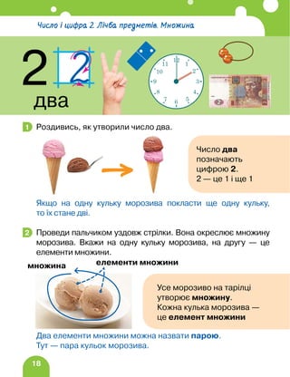 18
Число і цифра 2. Лічба предметів. Множина
2
два
Роздивись, як утворили число два.
Якщо на одну кульку морозива покласти ще одну кульку,
то їх стане дві.
Проведи пальчиком уздовж стрілки. Вона окреслює множину
морозива. Вкажи на одну кульку морозива, на другу — це
елементи множини.
Два елементи множини можна назвати парою.
Тут — пара кульок морозива.
1
2
12
1
2
3
4
5
6
7
8
9
10
11
Число два
позначають
цифрою 2.
2 — це 1 і ще 1
Усе морозиво на тарілці
утворює множину.
Кожна кулька морозива —
це елемент множини
множина елементи множини
 