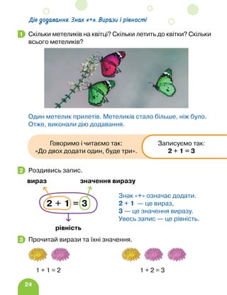 24
Скільки метеликів на квітці? Скільки летить до квітки? Скільки
всього метеликів?
Один метелик прилетів. Метеликів стало більше, ніж було.
Отже, виконали дію додавання.
Роздивись запис.
Прочитай вирази та їхні значення.
1 + 1 = 2 						 1 + 2 = 3
1
2
2 + 1 = 3
вираз значення виразу
рівність
Знак «+» означає додати.
2 + 1 — це вираз,
3 — це значення виразу.
Увесь запис — це рівність.
3
Дія додавання. Знак «+». Вирази і рівності
Говоримо і читаємо так:
«До двох додати один, буде три».
Записуємо так:
2 + 1 = 3
 