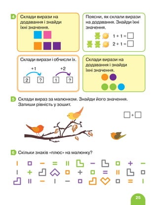 25
		
Склади вираз за малюнком. Знайди його значення.
Запиши рівність у зошит.
Скільки знаків «плюс» на малюнку?
4 Склади вирази на
додавання і знайди
їхні значення.
Поясни, як склали вирази
на додавання. Знайди їхні
значення.
				 1 + 1 =
				 2 + 1 =
Склади вирази на
додавання і знайди
їхні значення.
Склади вирази і обчисли їх.
+2
1 ?
+1
2 ?
5
+
6
 