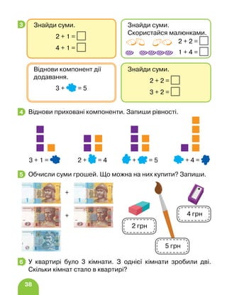38
Віднови приховані компоненти. Запиши рівності.
Обчисли суми грошей. Що можна на них купити? Запиши.
У квартирі було 3 кімнати. З однієї кімнати зробили дві.
Скільки кімнат стало в квартирі?
3 Знайди суми.
			 2 + 1 =
			 4 + 1 =
Знайди суми.
Скористайся малюнками.
2 + 2 =
1 + 4 =
Знайди суми.
			 2 + 2 =
			 3 + 2 =
Віднови компонент дії
додавання.
		 3 + = 5
4
3 + 1 = 2 + = 4 + = 5 + 4 =
5
+
+
2 грн
4 грн
5 грн
6
 