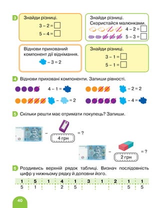 40
Віднови приховані компоненти. Запиши рівності.
4 – 1 = – 2 = 2
– 4 =
– = 2
Скільки решти має отримати покупець? Запиши.
Роздивись верхній рядок таблиці. Визнач послідовність
цифр у нижньому рядку й доповни його.
1 5 1 4 1 3 1 2 1 1
5 1 2 5 5 5
3 Знайди різниці.
		 3 – 2 =
			 5 – 4 =
Знайди різниці.
Скористайся малюнками.
4 – 2 =
5 – 3 =
Знайди різниці.
			 3 – 1 =
			 5 – 1 =
Віднови прихований
компонент дії віднімання.
			 – 3 = 2
4
5
4 грн
– = ?
– = ?
2 грн
6
 